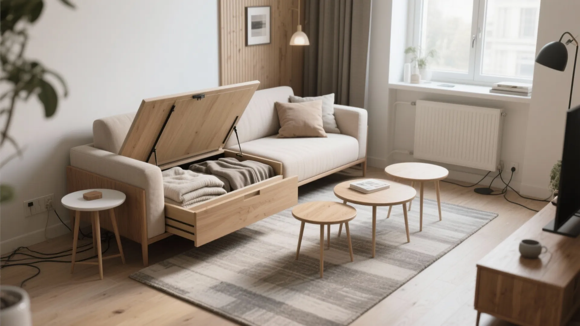 Slim loveseat with hidden storage and nesting tables in a bright small living room.