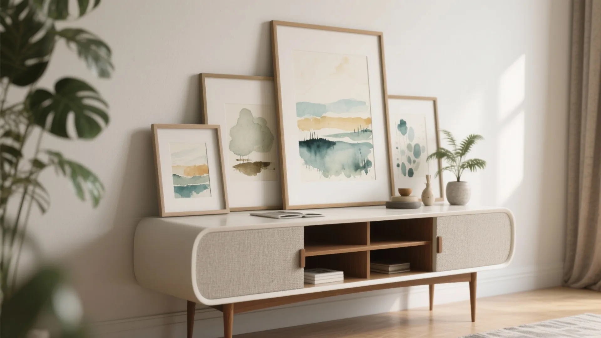 Modern white wooden cabinet with four framed art prints leaning against a bright white wall