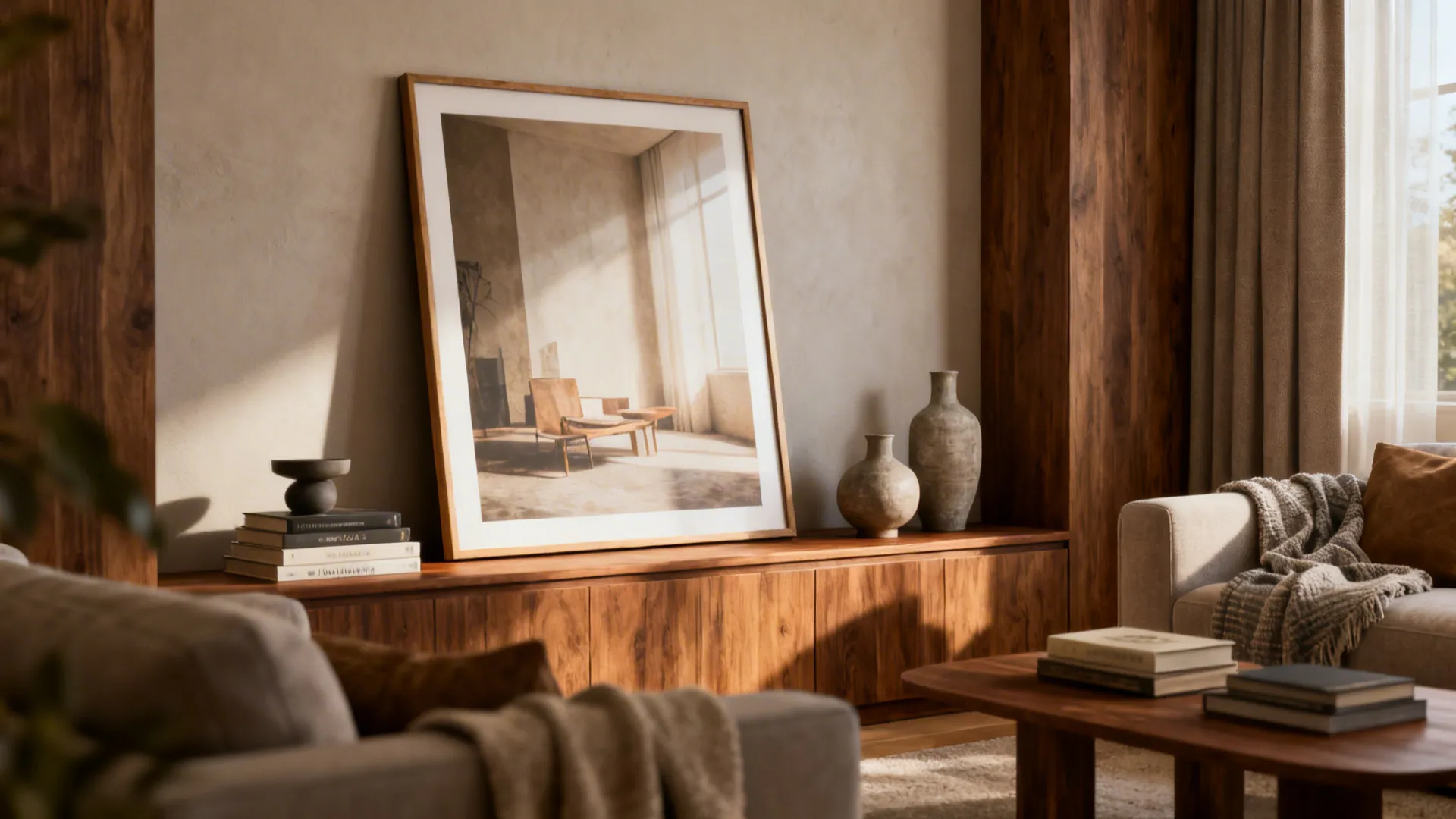 Large framed print leaned on a wooden console with layered accessories in front.