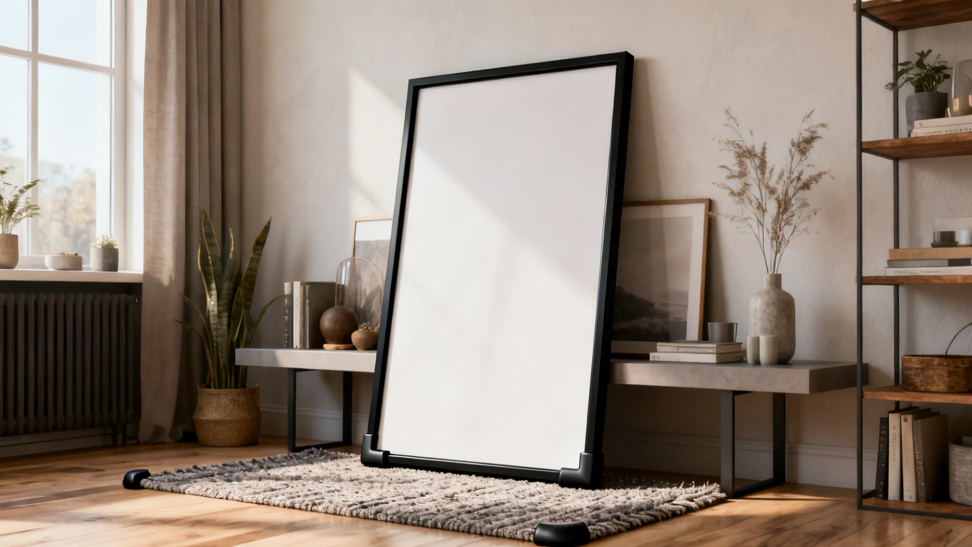 Black frame leaned on a low console with layered decor and non-marking bumpers for renters.