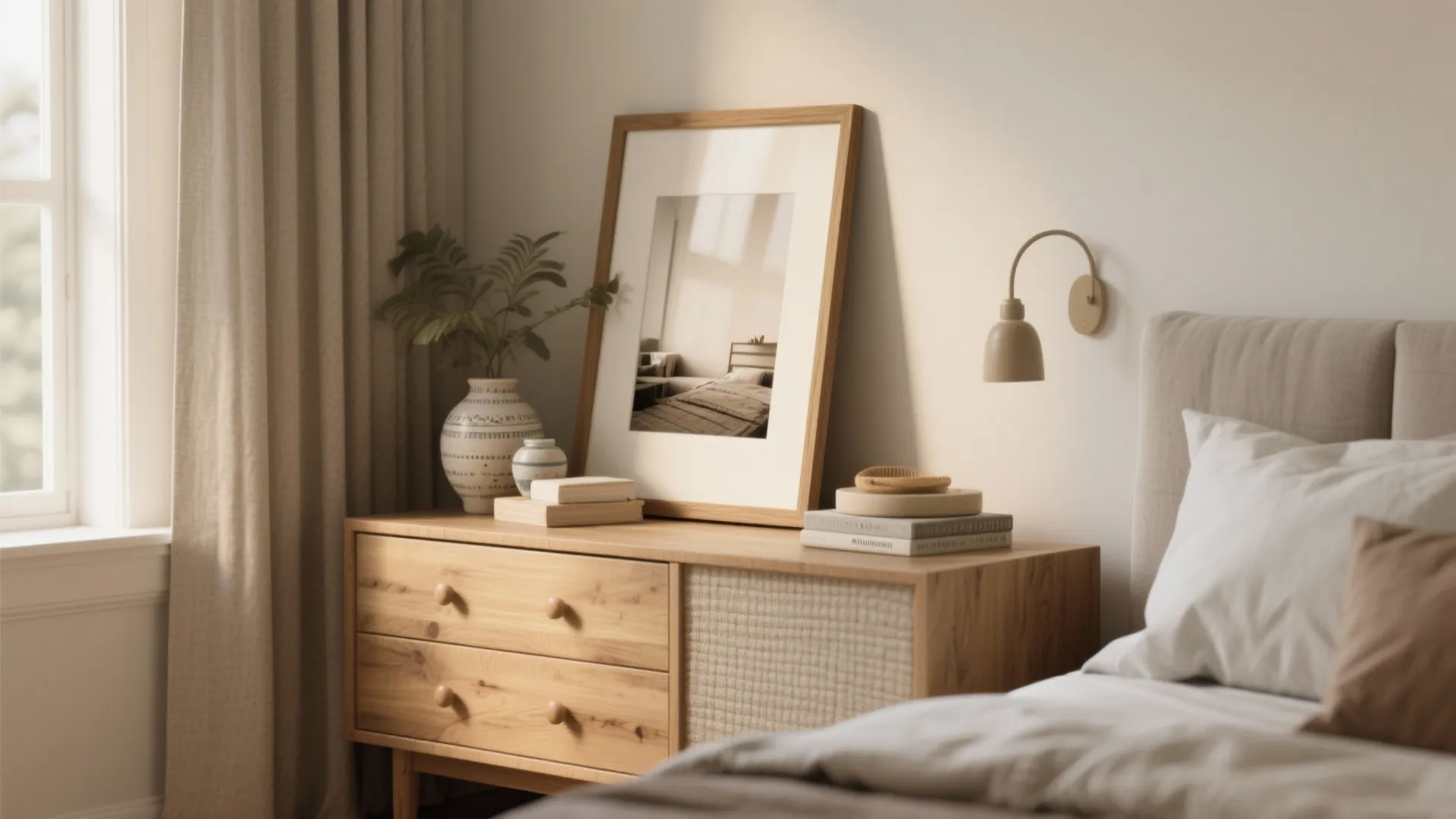 Dresser with a leaning framed picture and layered decor, showing a relaxed, swap-friendly styling.