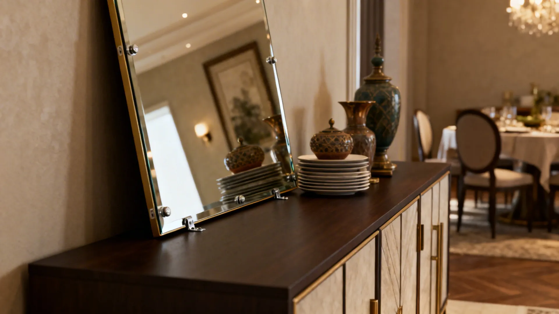Mirrored leaner propped on a buffet creating an elegant layered effect in a dining room.