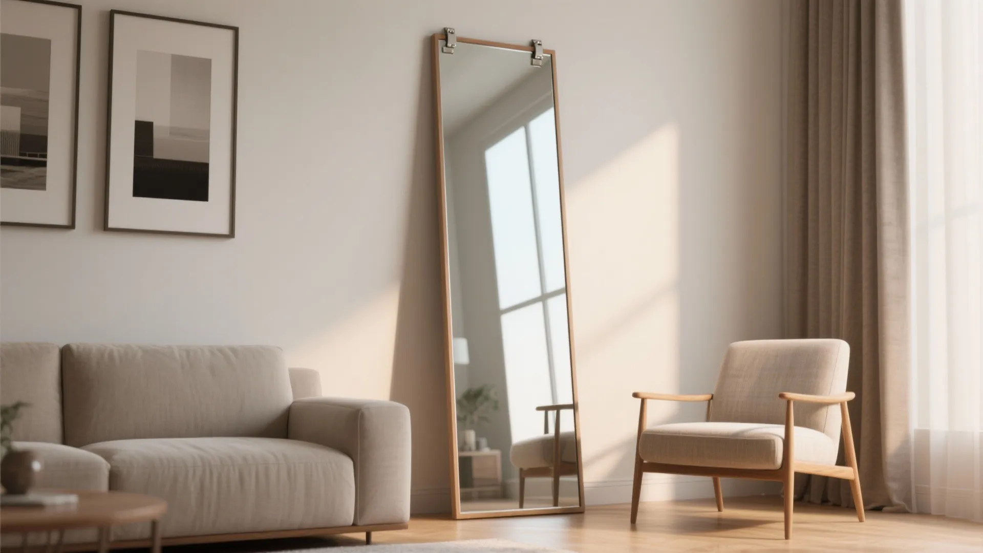 Living room corner with tall leaning floor mirror beige sofa wood chair and framed wall art