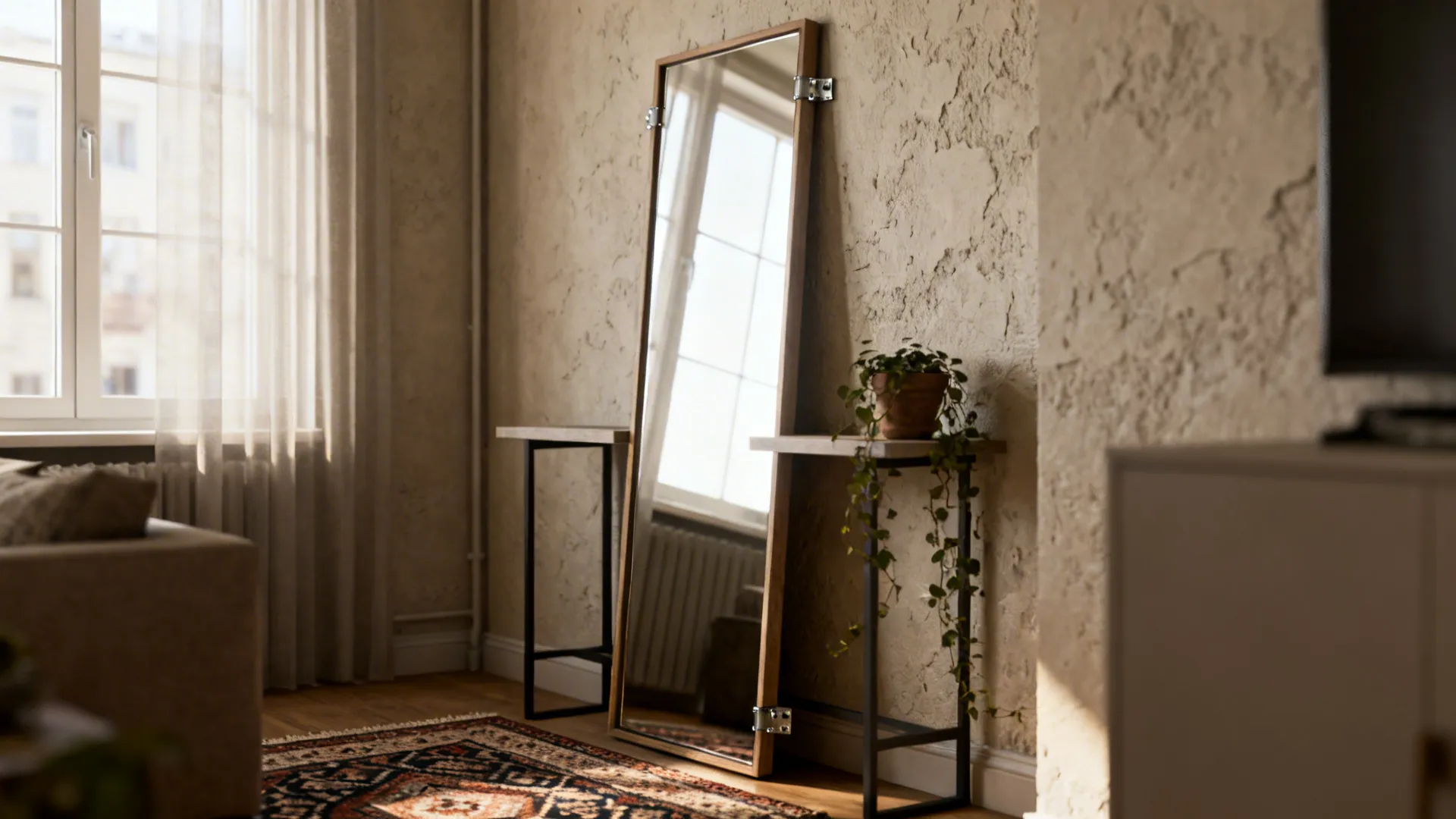 Tall leaner mirror in a narrow living room reflecting a window to create vertical drama and more light.