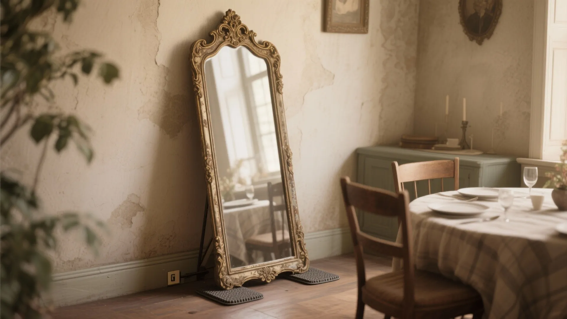 4. Antique-Look Leaning Mirror for Casual Elegance