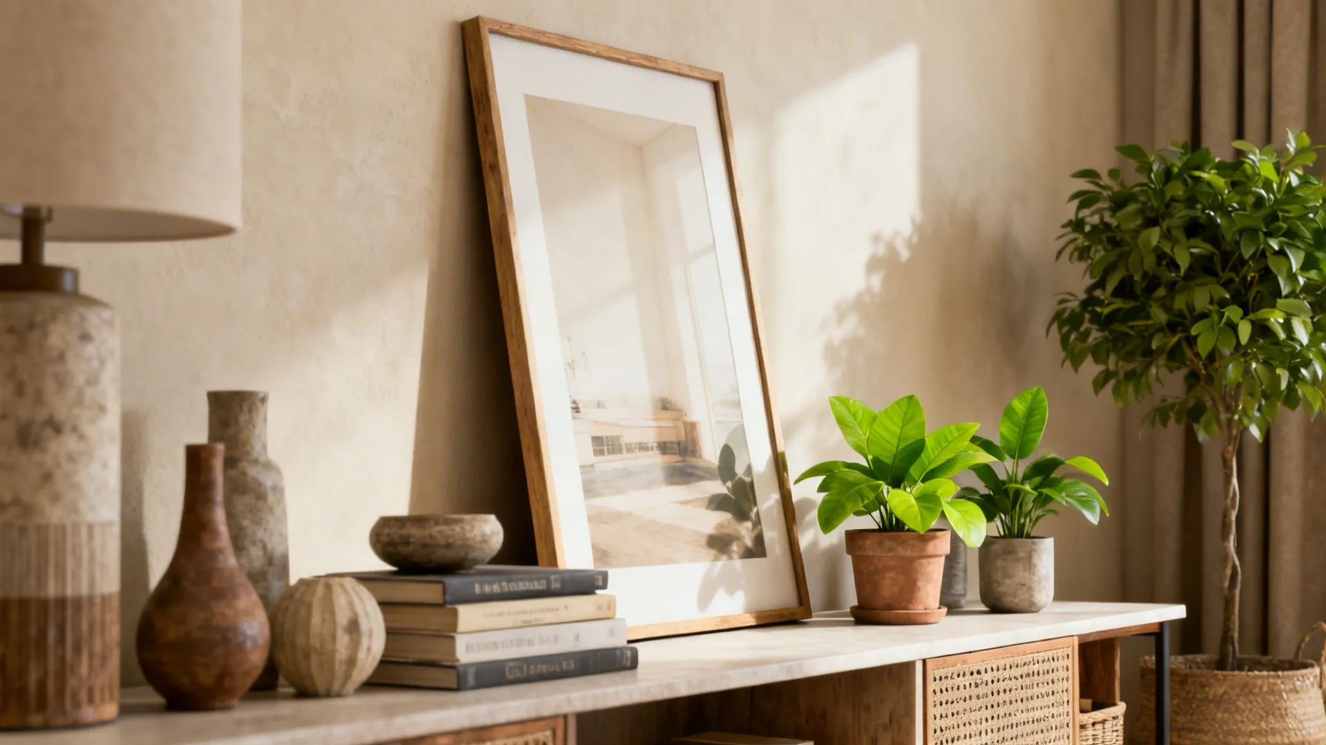 Large framed print casually leaning on a low console with layered decor.
