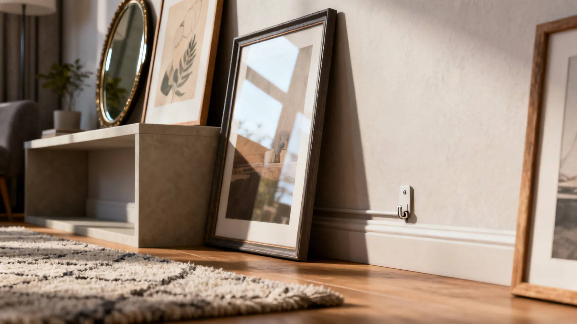 Layered leaning art and a mirror on a low console creating a relaxed, rental-friendly display.