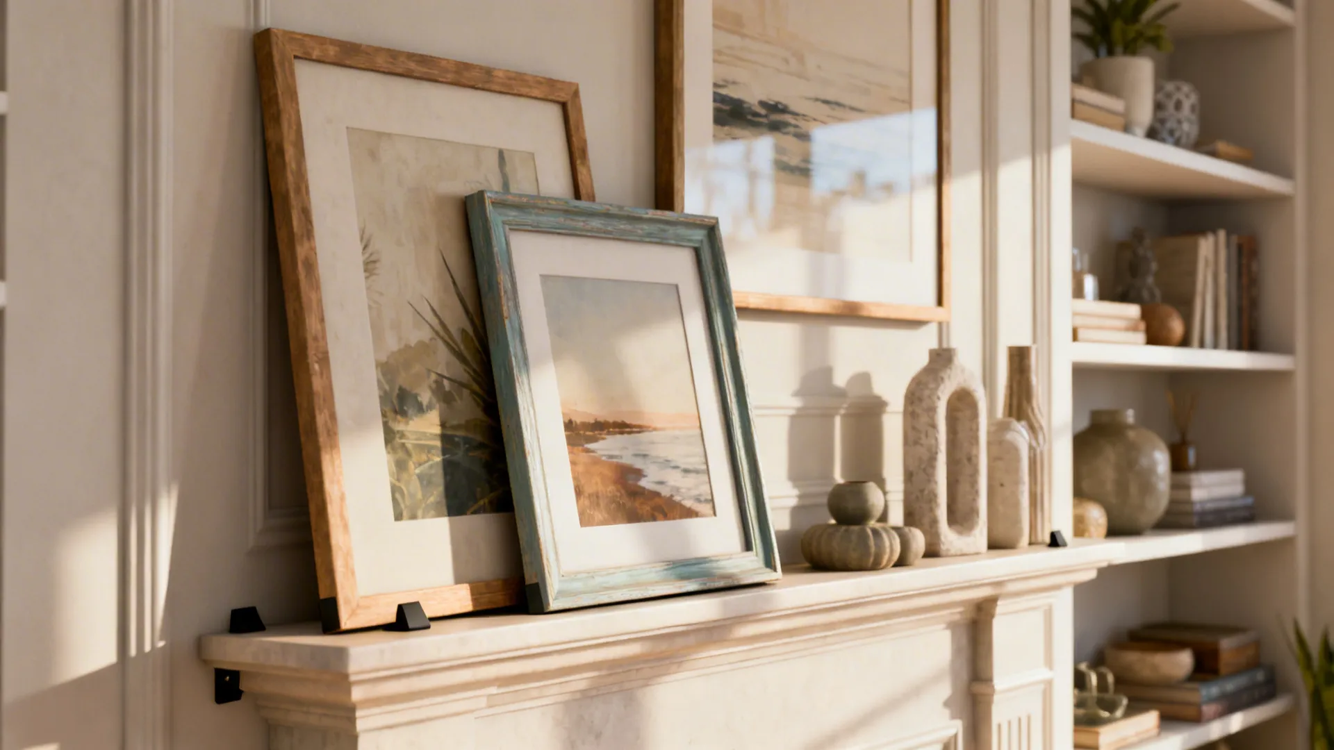 Frames leaning on a picture ledge with layered decor in a casual living room setup
