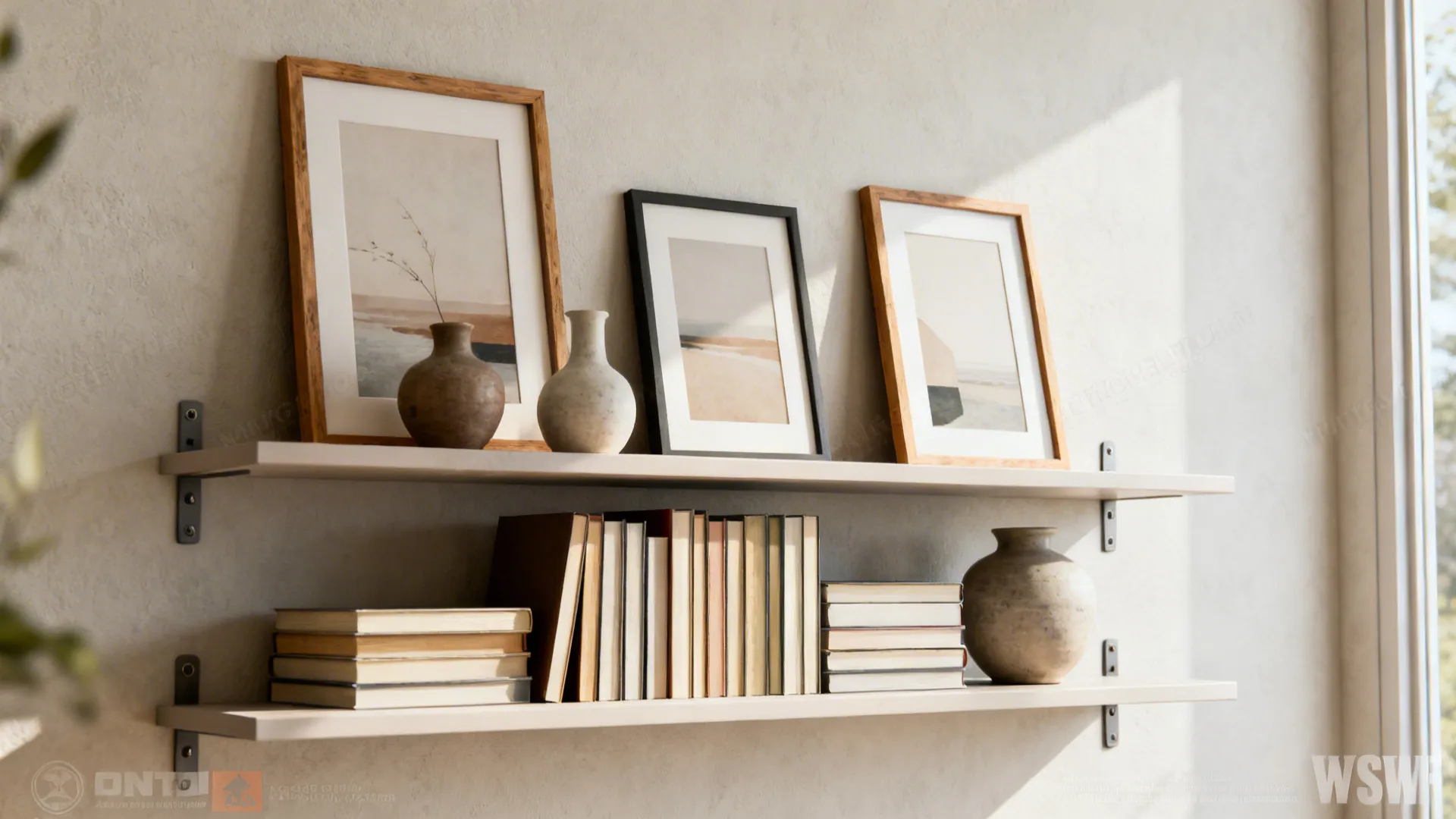 Two wall shelves with framed art prints small vases stacks of books and round pot