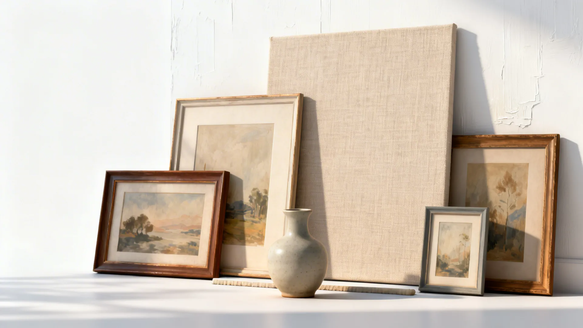 Framed prints leaning against a painted shelf back panel with a ceramic object in front.