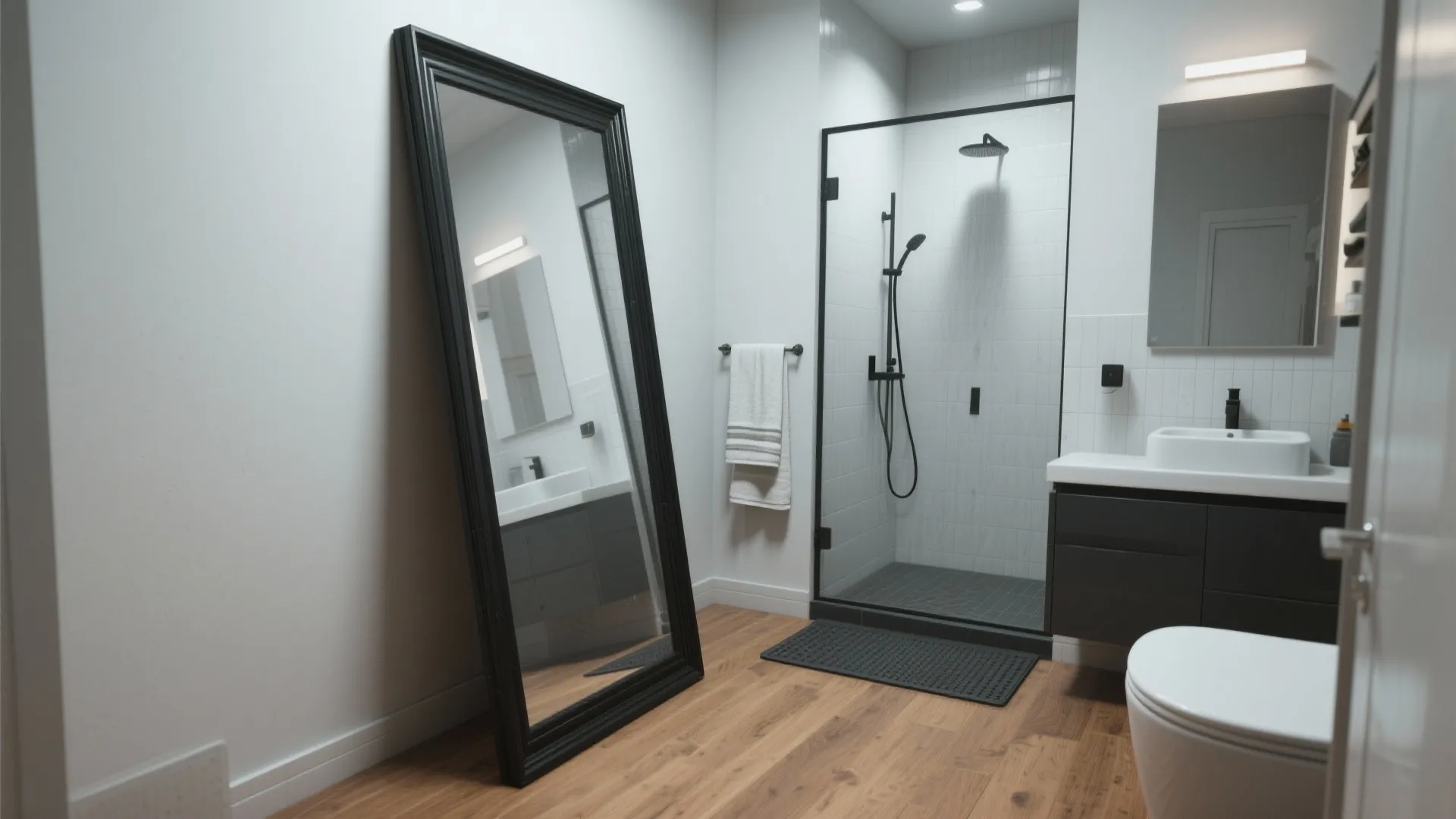 Modern bathroom interior featuring a large black floor mirror leaning against a white painted wall