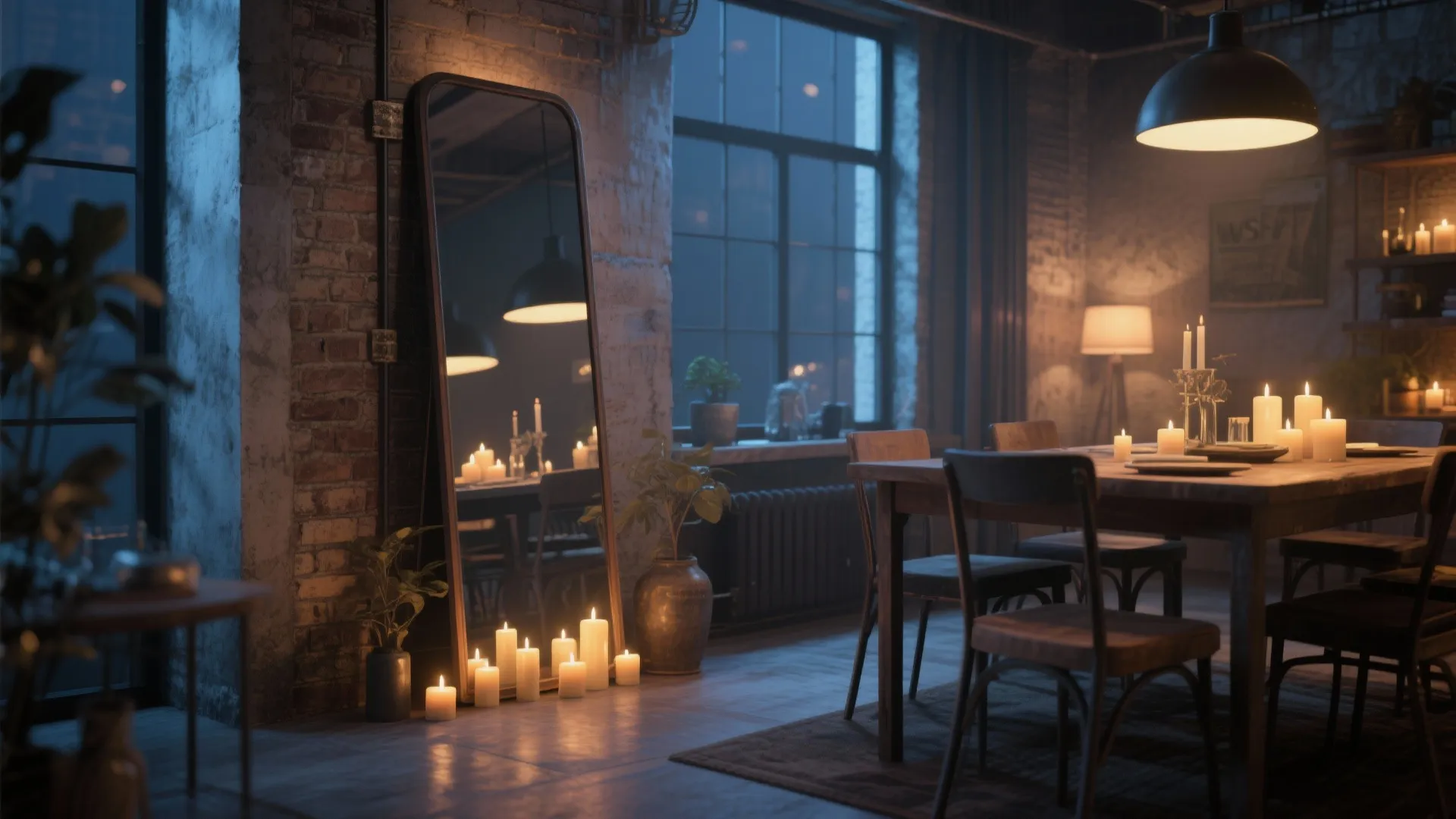 Industrial dining area with leaning floor mirror, brick wall, wooden table, candles, and black light