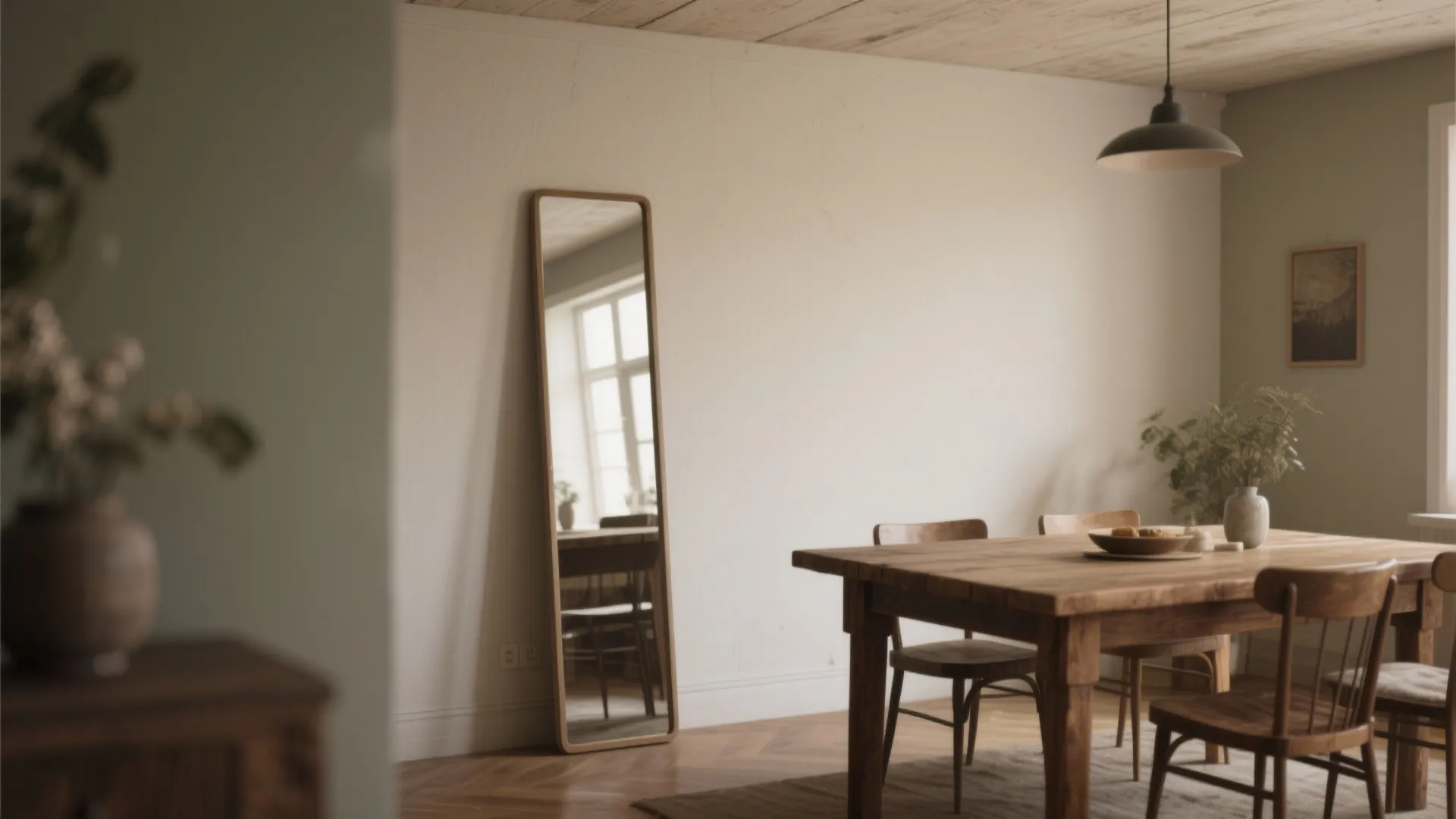 Minimalist dining room design with a wooden table chairs ceiling light and tall floor mirror