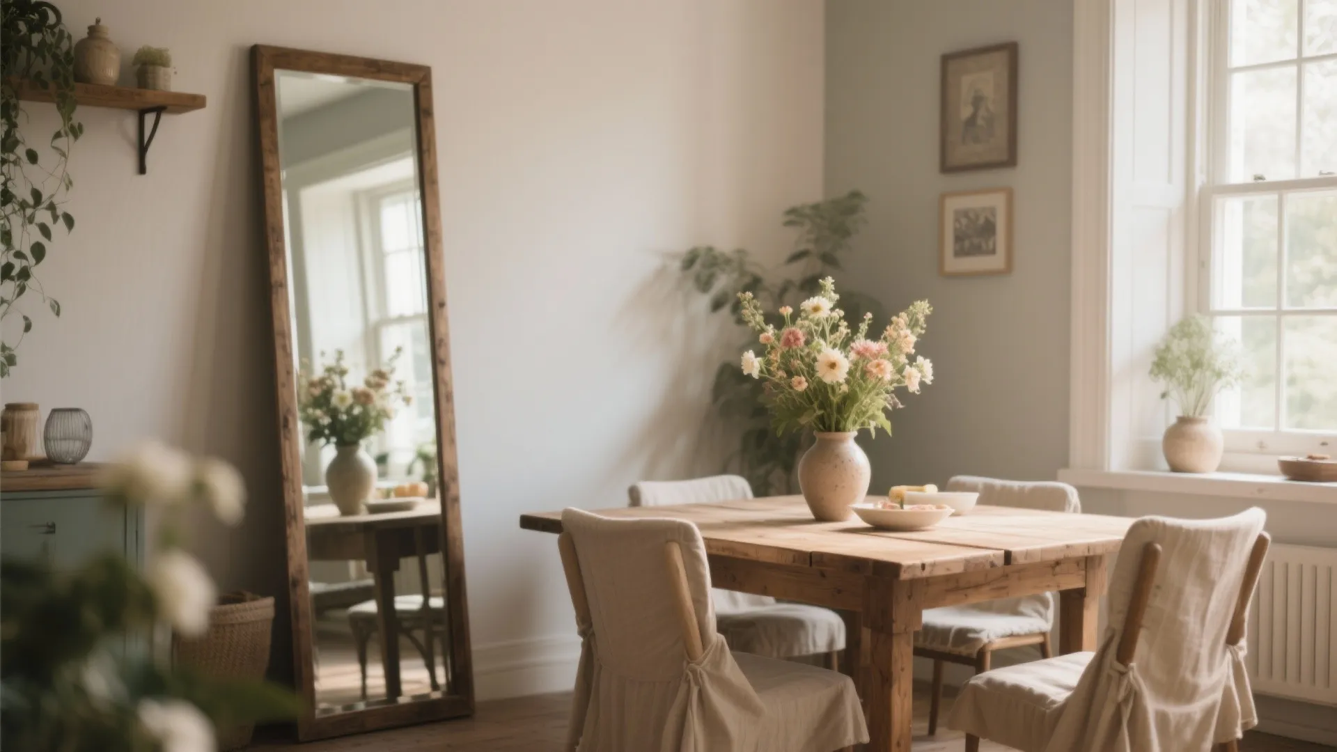 Bright dining room with wooden table, flowers, chairs, tall floor mirror, wall art, and sunlight