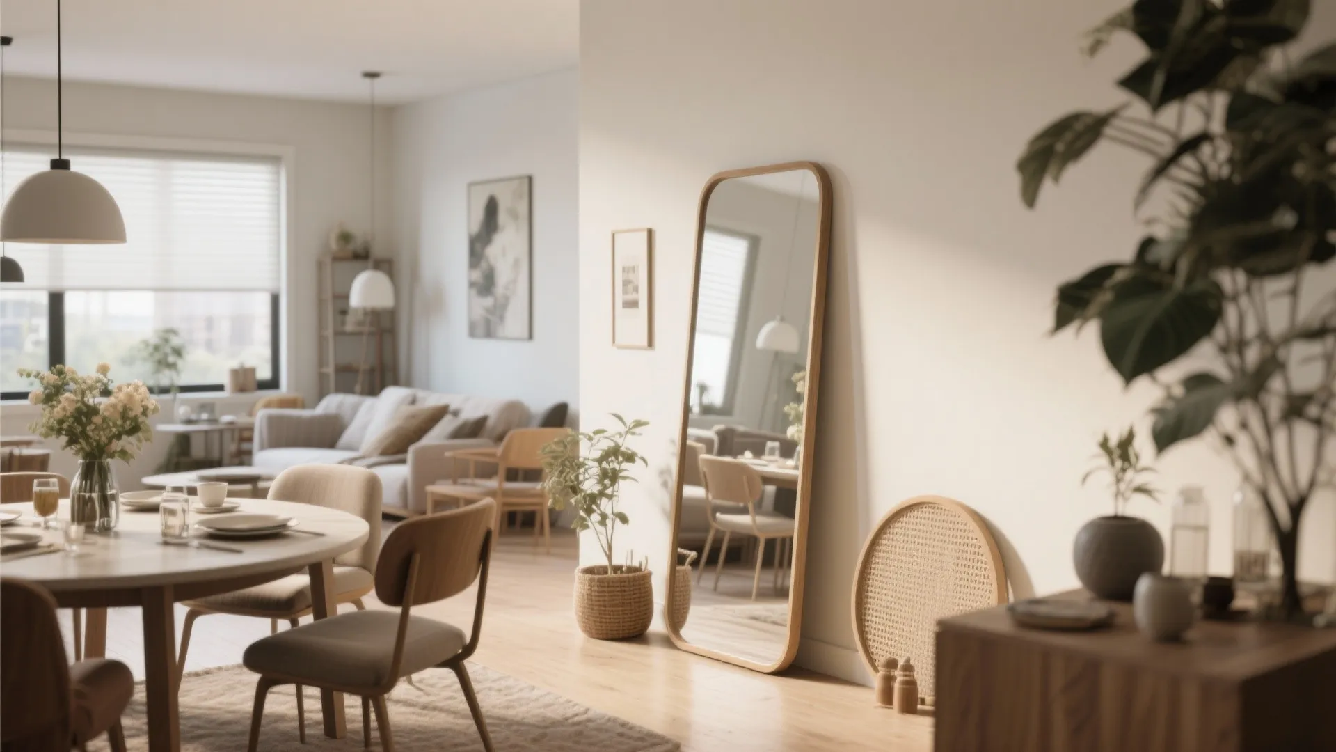 Modern living room featuring a tall wooden floor mirror leaning against a clean white wall