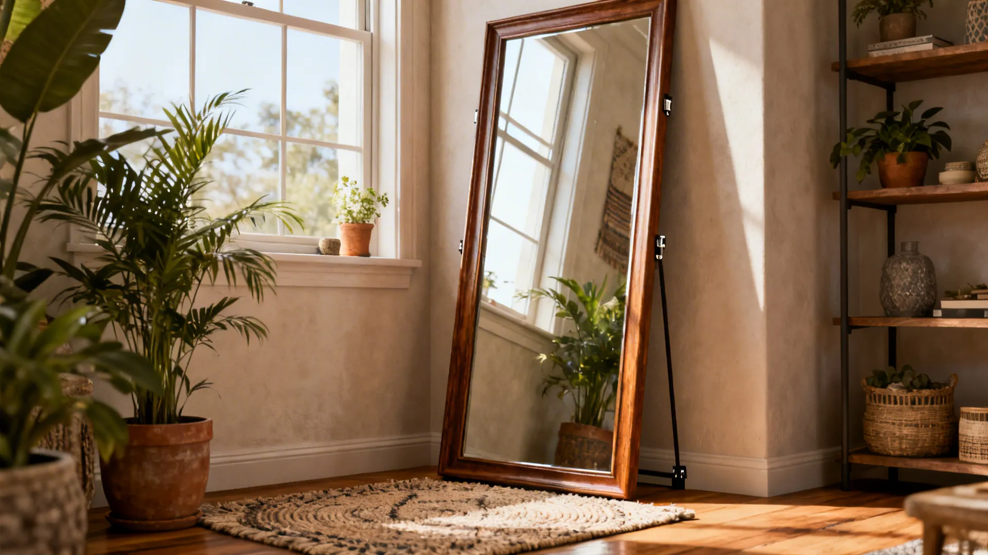 Tall leaning floor mirror in a corner with plants and anti-tip hardware for casual chic styling