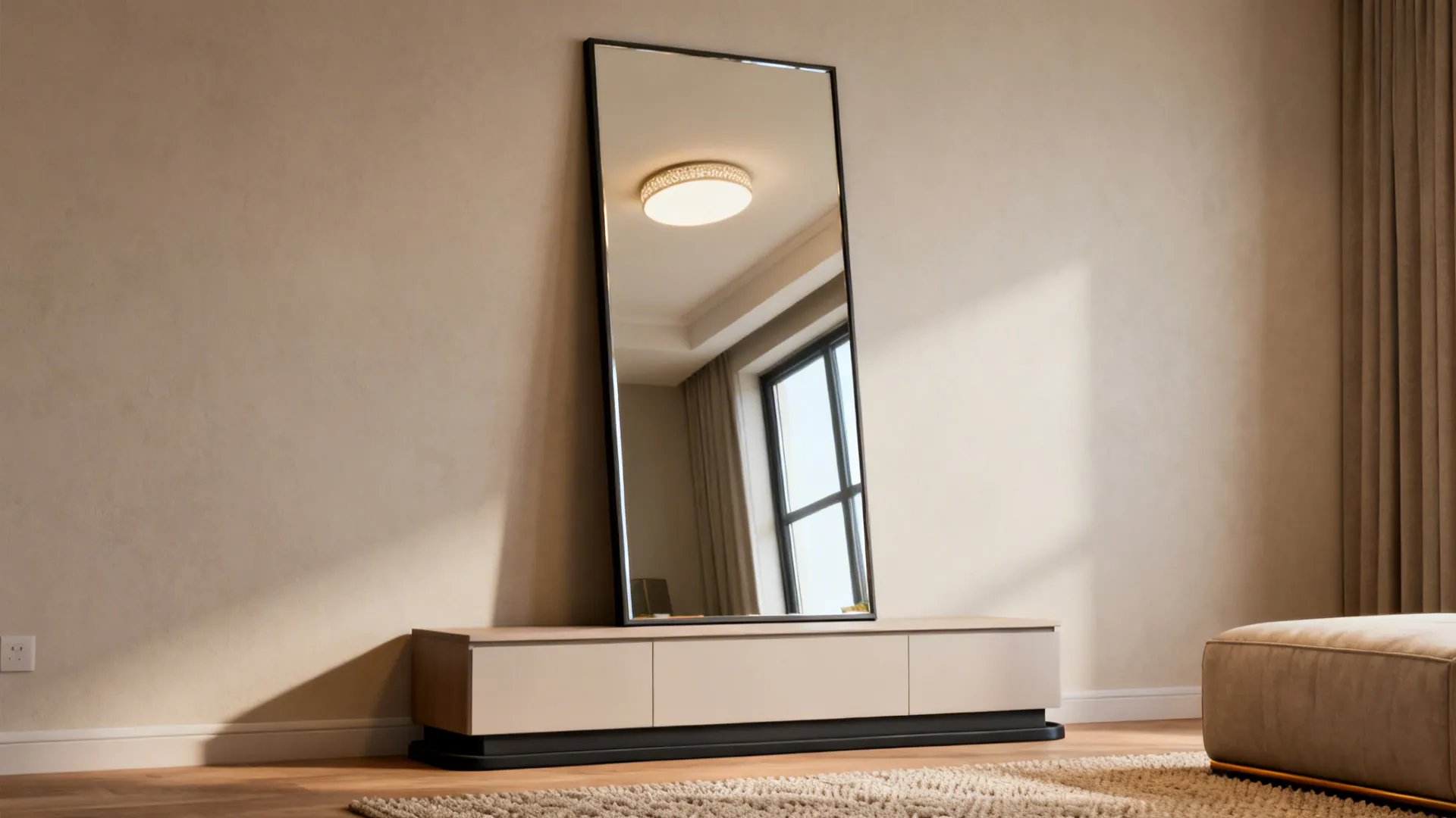 Tall leaning floor mirror behind a low console reflecting a window and ceiling light in a cozy living room.