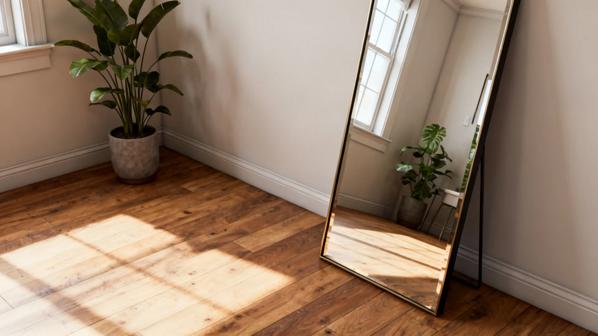 Leaning oversized floor mirror angled in a corner creating layered reflections and a relaxed vibe