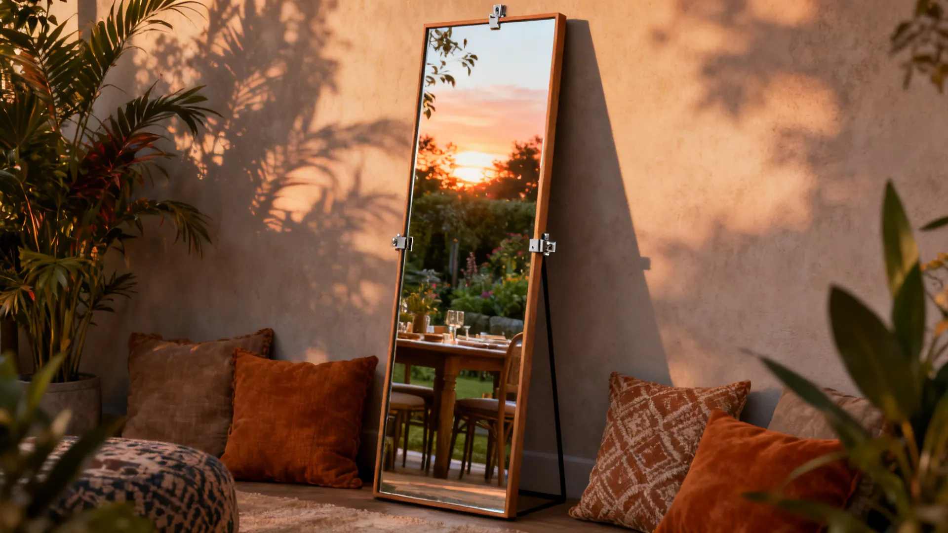 Tall leaning floor mirror angled to reflect a garden view in a relaxed dining room
