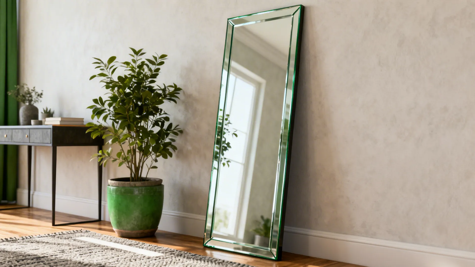 Tall leaning floor mirror beside a plant and console creating a casual vignette