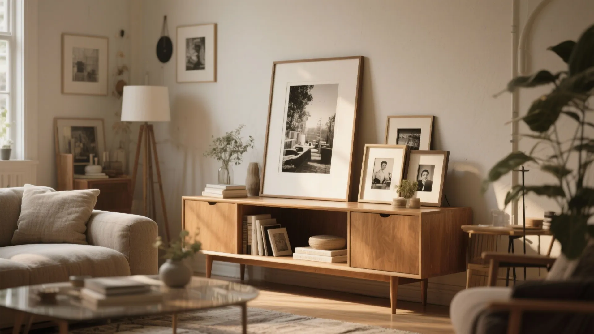 Large leaning frame on console with smaller frames layered behind