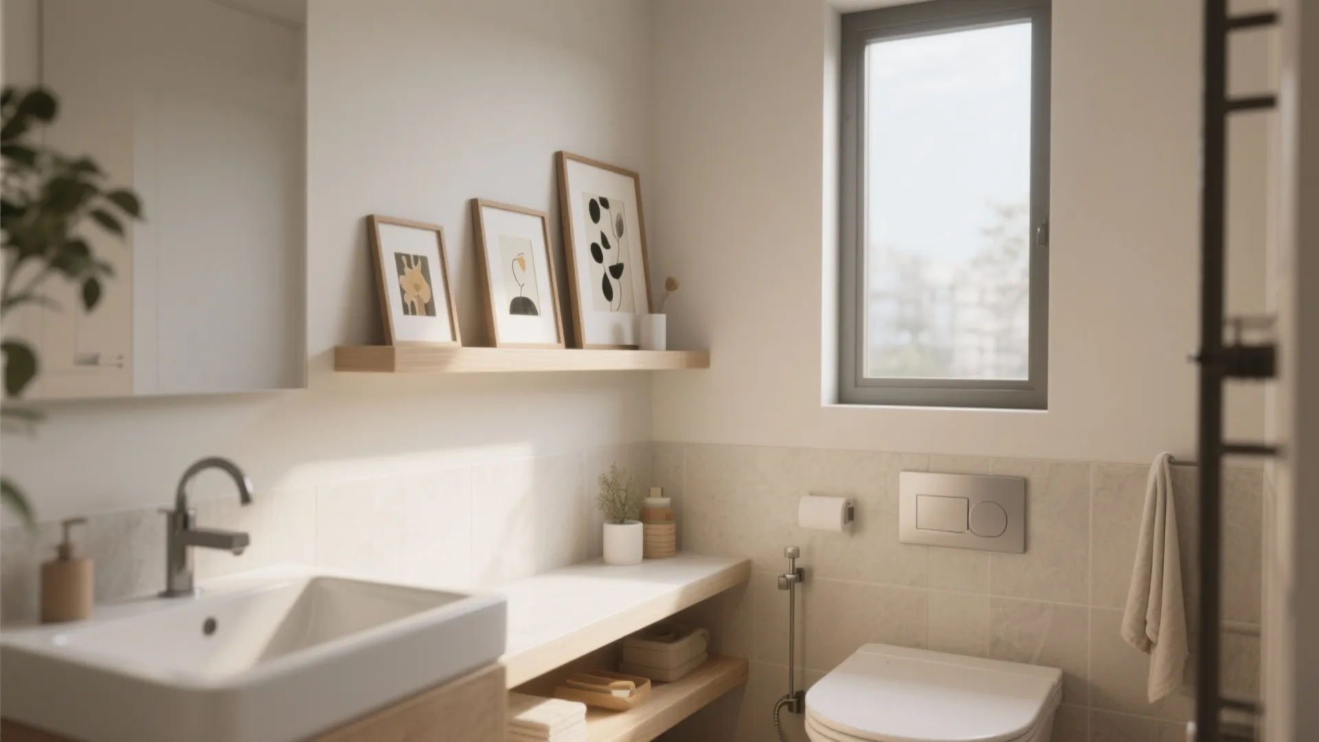 Minimalist bathroom with three framed art pieces on wooden wall shelf above toilet and sink