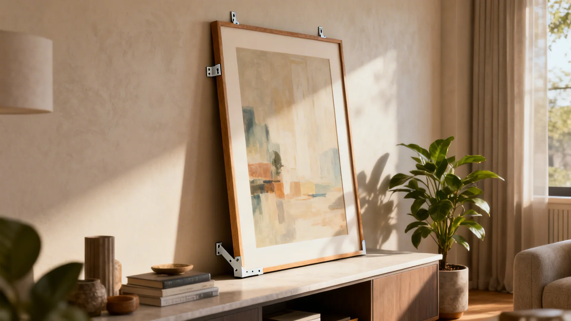 Large framed artwork leaning on a low console for a casual, renter-friendly look.
