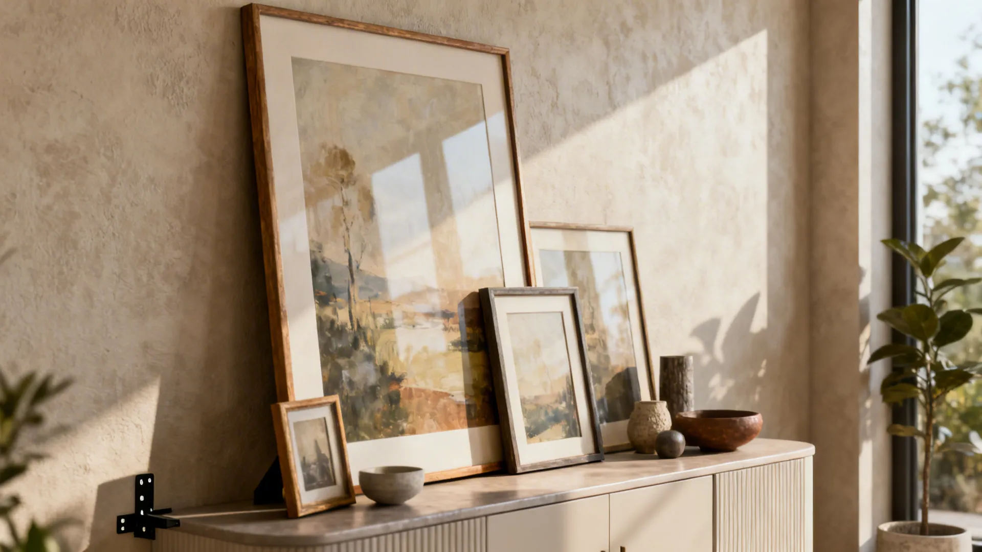 Large framed artwork leaning on a console with layered decor for a relaxed modern look.