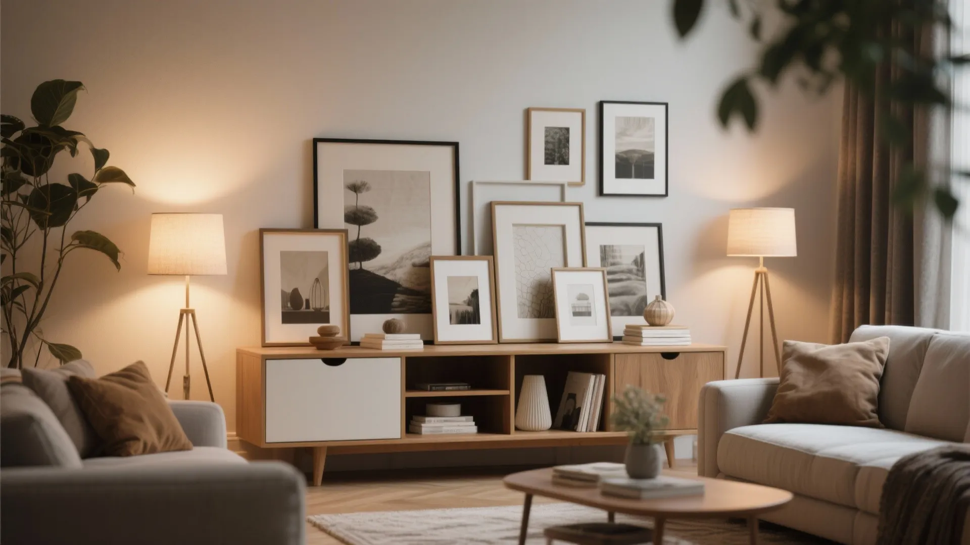 Modern living room with multiple framed pictures leaning on a wooden cabinet and floor lamps