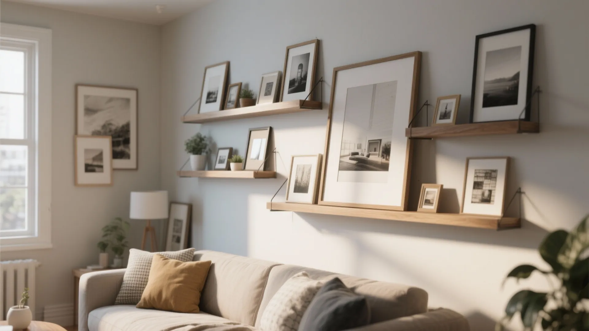 Wooden shelves holding black and white framed photos leaning against a neutral white house wall