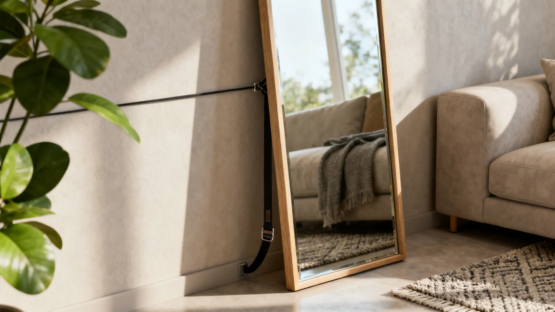 Full-length leaning mirror propped against a wall beside a sofa with a safety tether