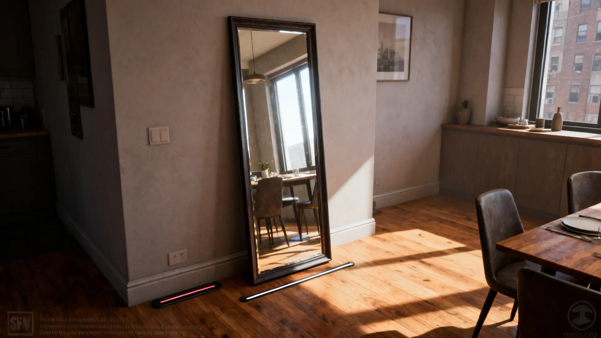 Full-length leaning mirror in a dining corner visually extending sightlines and bouncing light