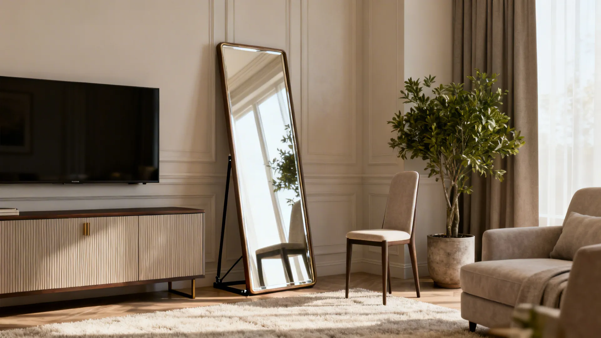 Full-length mirror leaning against a living room wall next to a chair and media console.