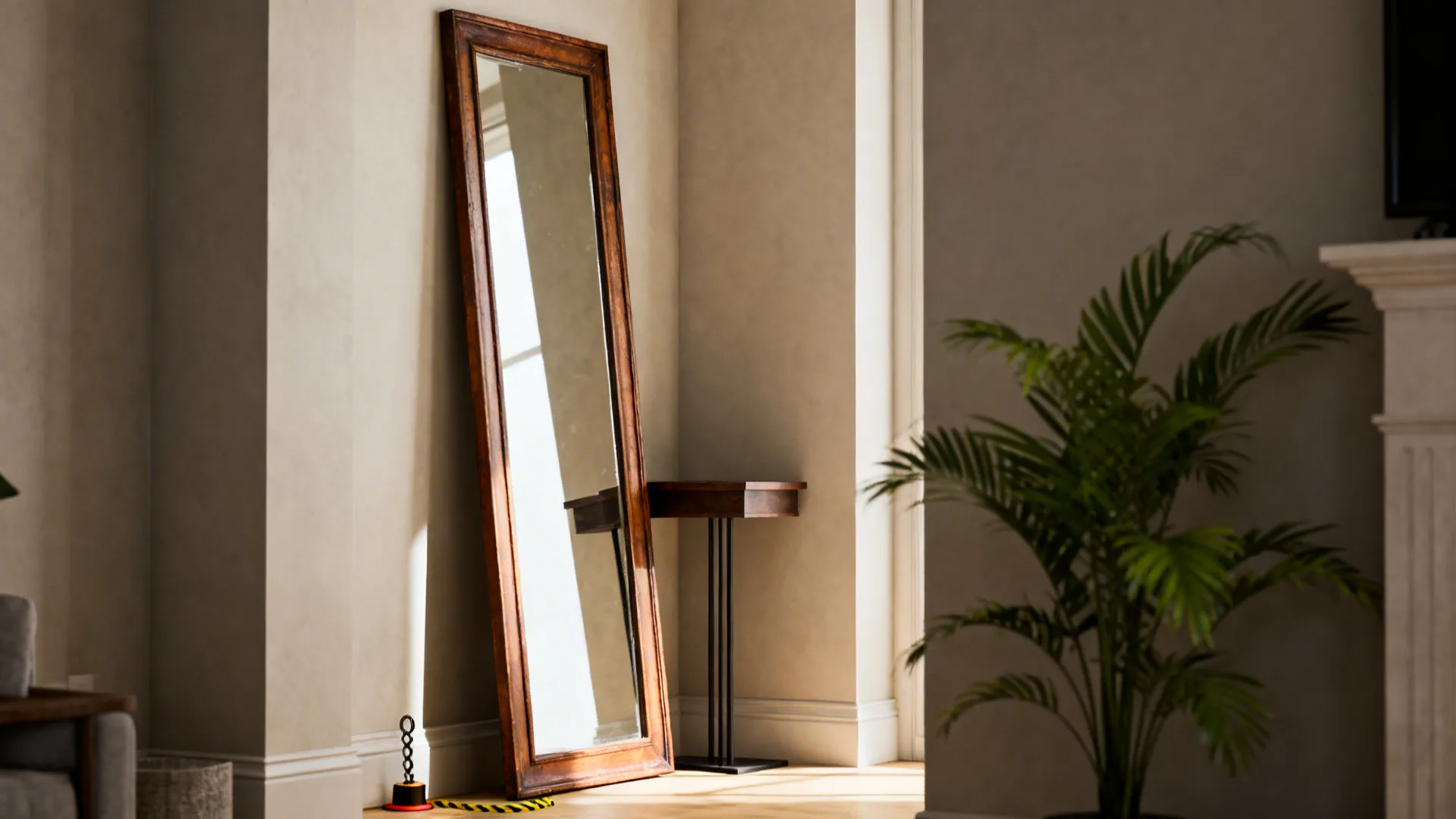 Narrow living room corner with a tall leaning rectangular mirror and plant, showing vertical height