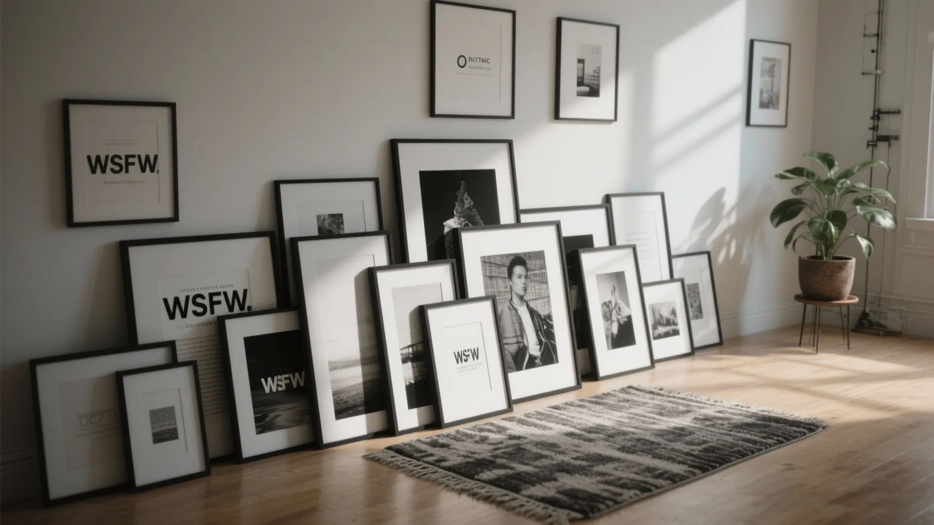 Layered gallery of black-and-white frames leaning against the wall in a studio, anchored with a rug and plant
