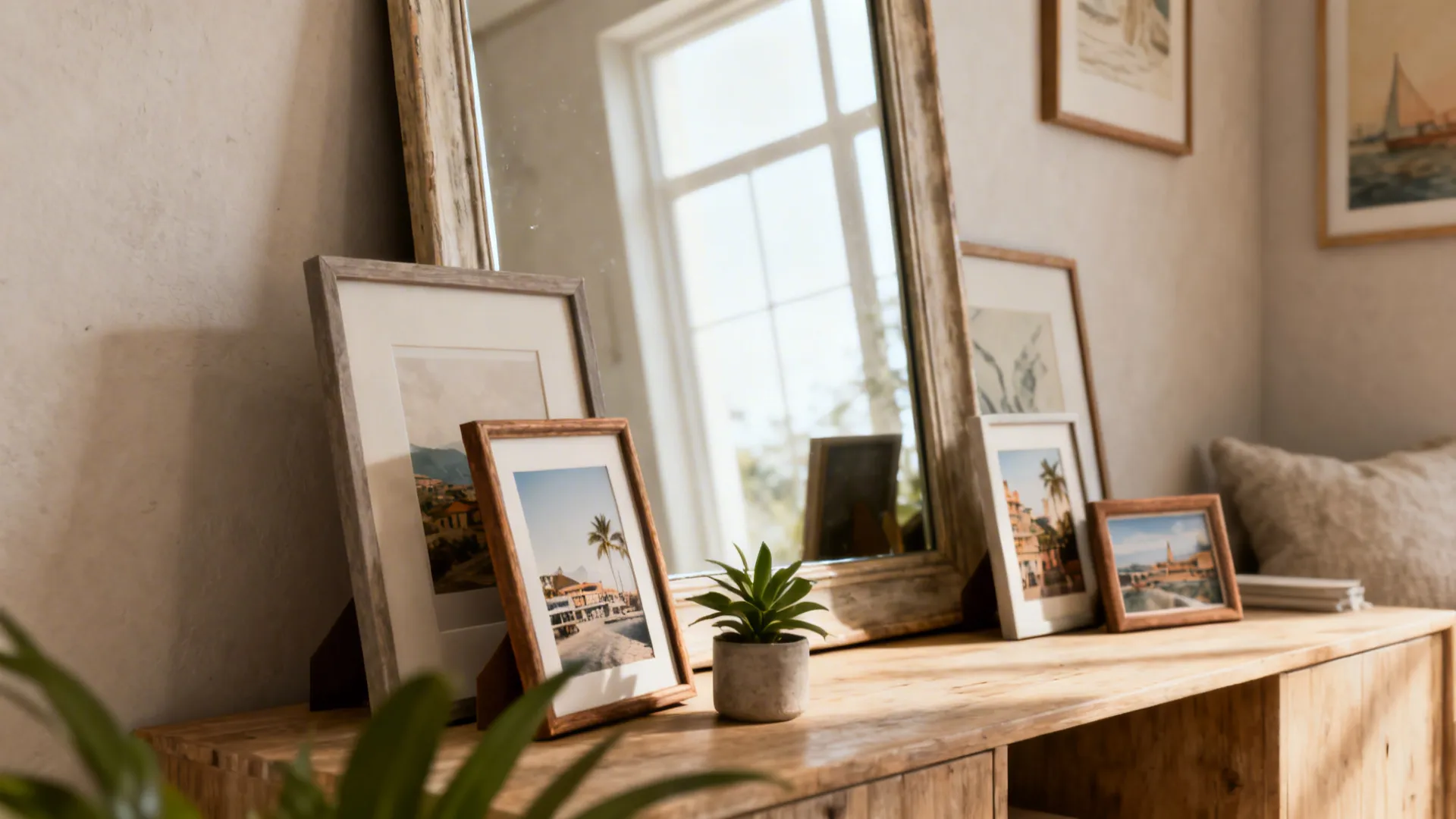 Leaning mirror and layered frames on a sideboard creating a casual gallery effect.