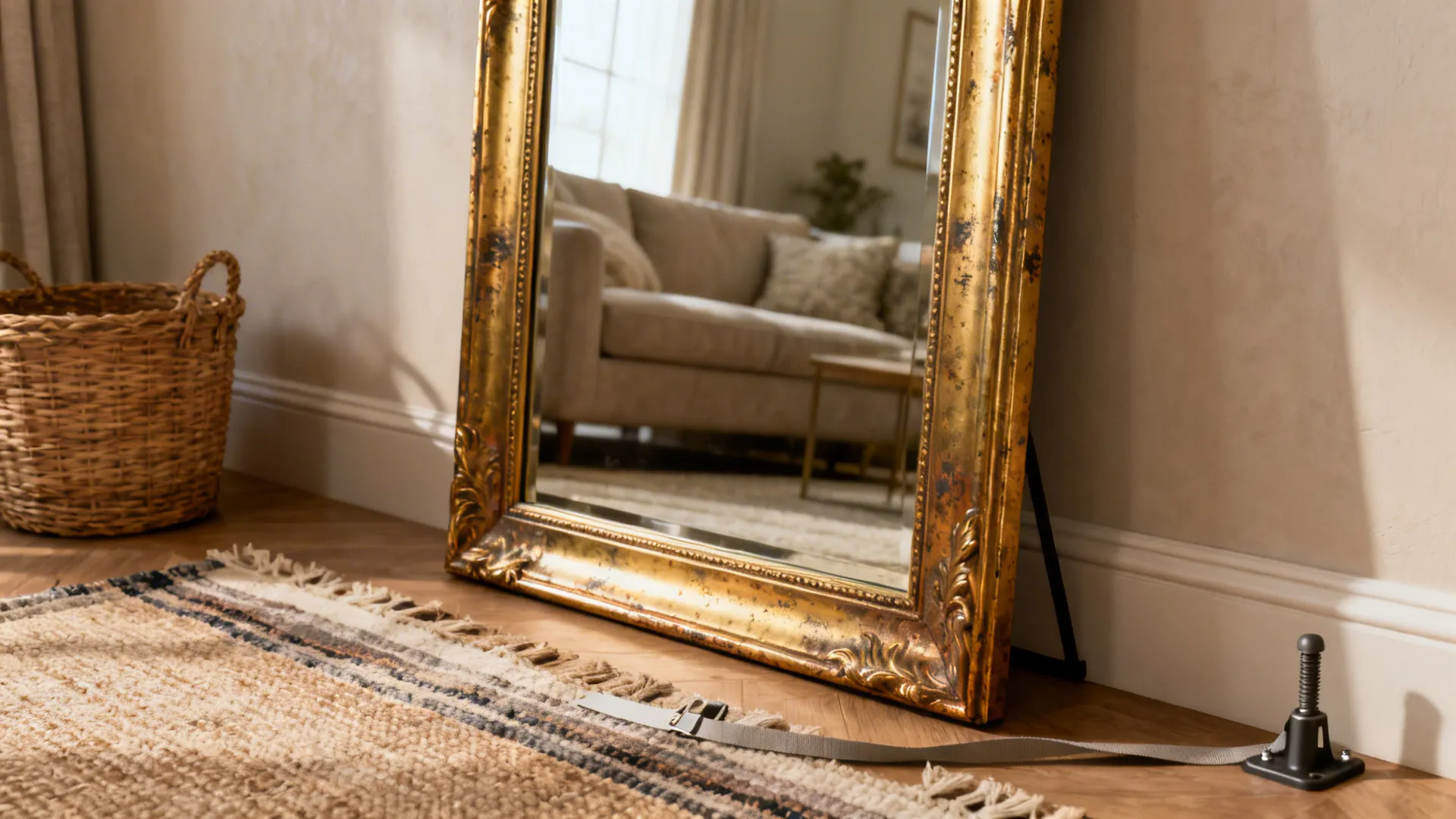 Tall leaning gold mirror casually propped in a living room, showing depth and layered styling.