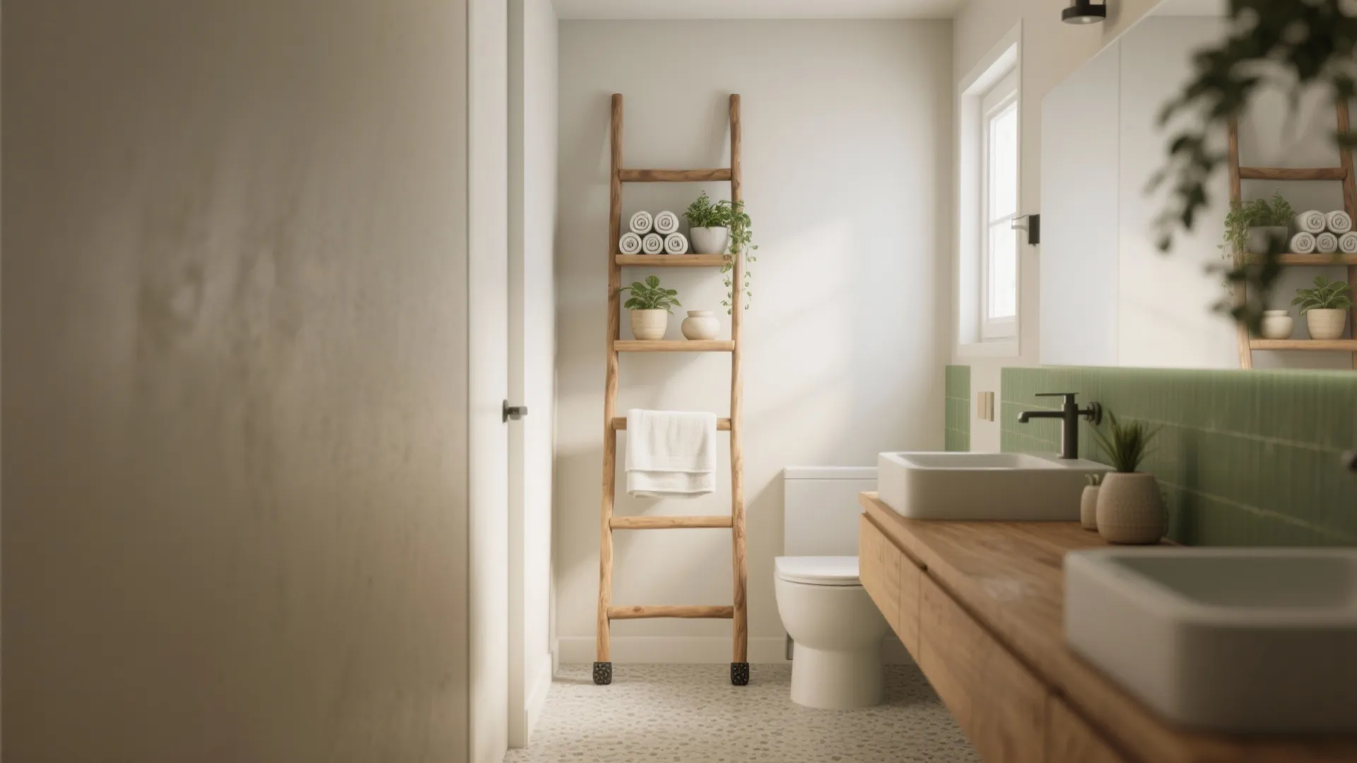 3. Leaning ladder shelves for towels and plants