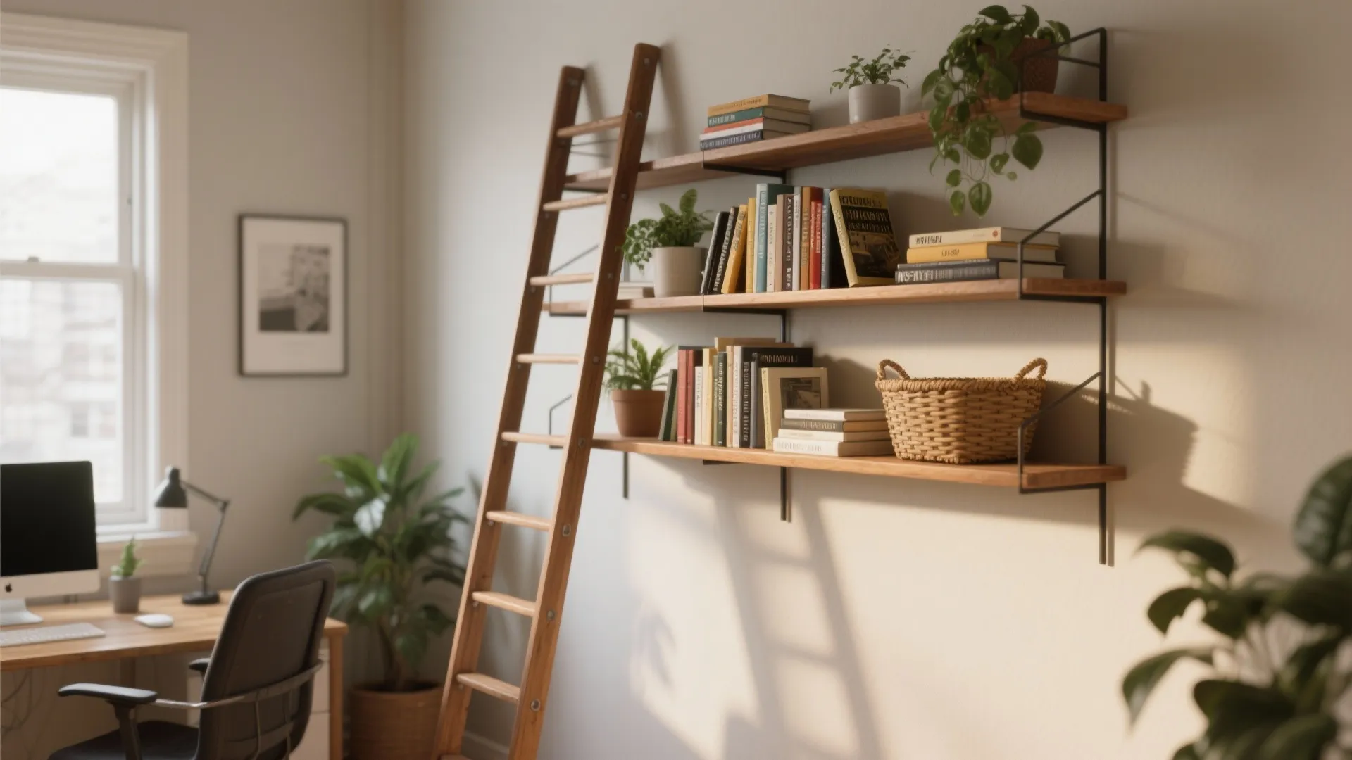 Wooden wall shelves with books and plants next to a decorative ladder and office desk