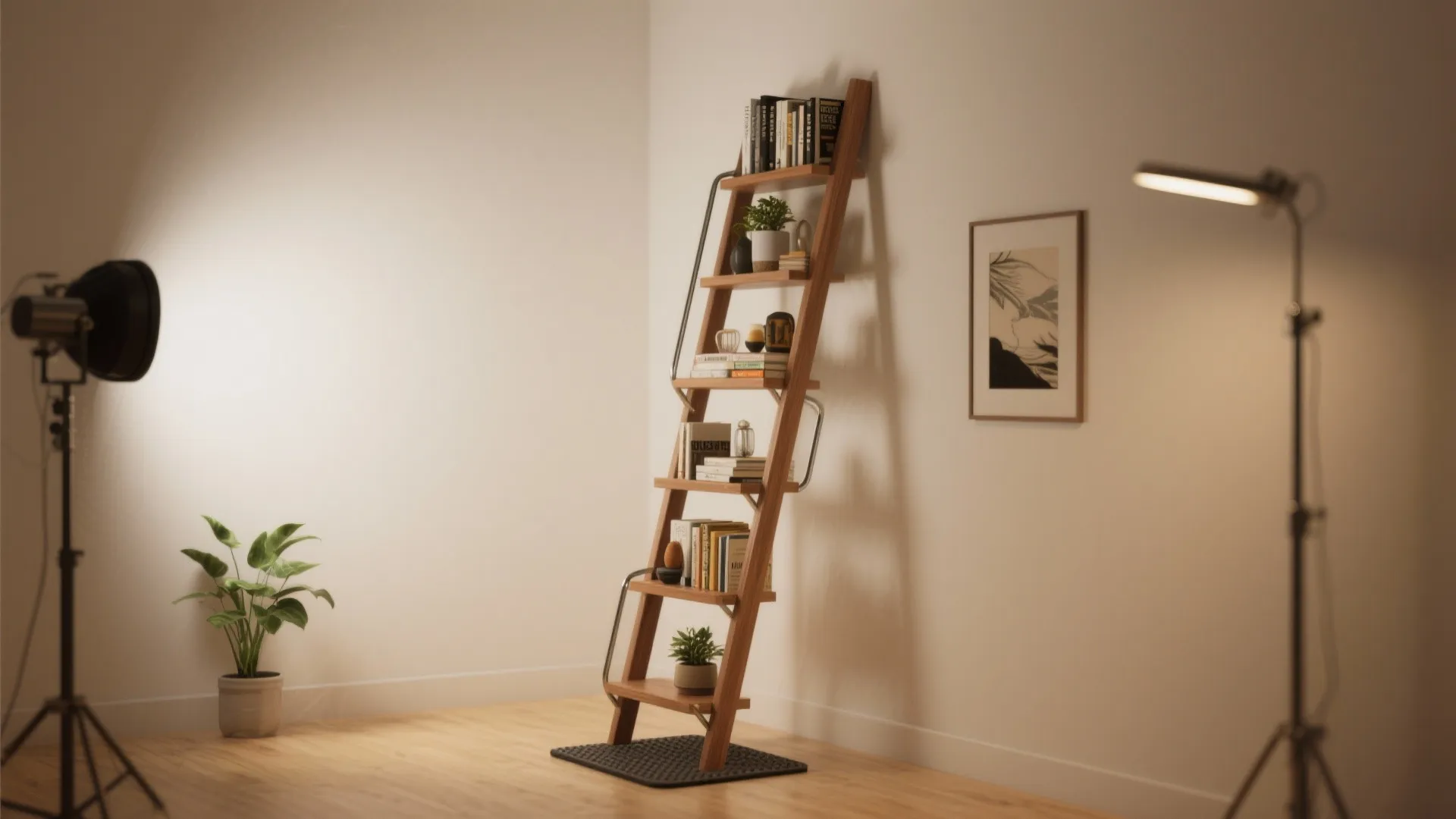 Wooden ladder shelf leaning against white wall with books plants and soft interior studio lighting