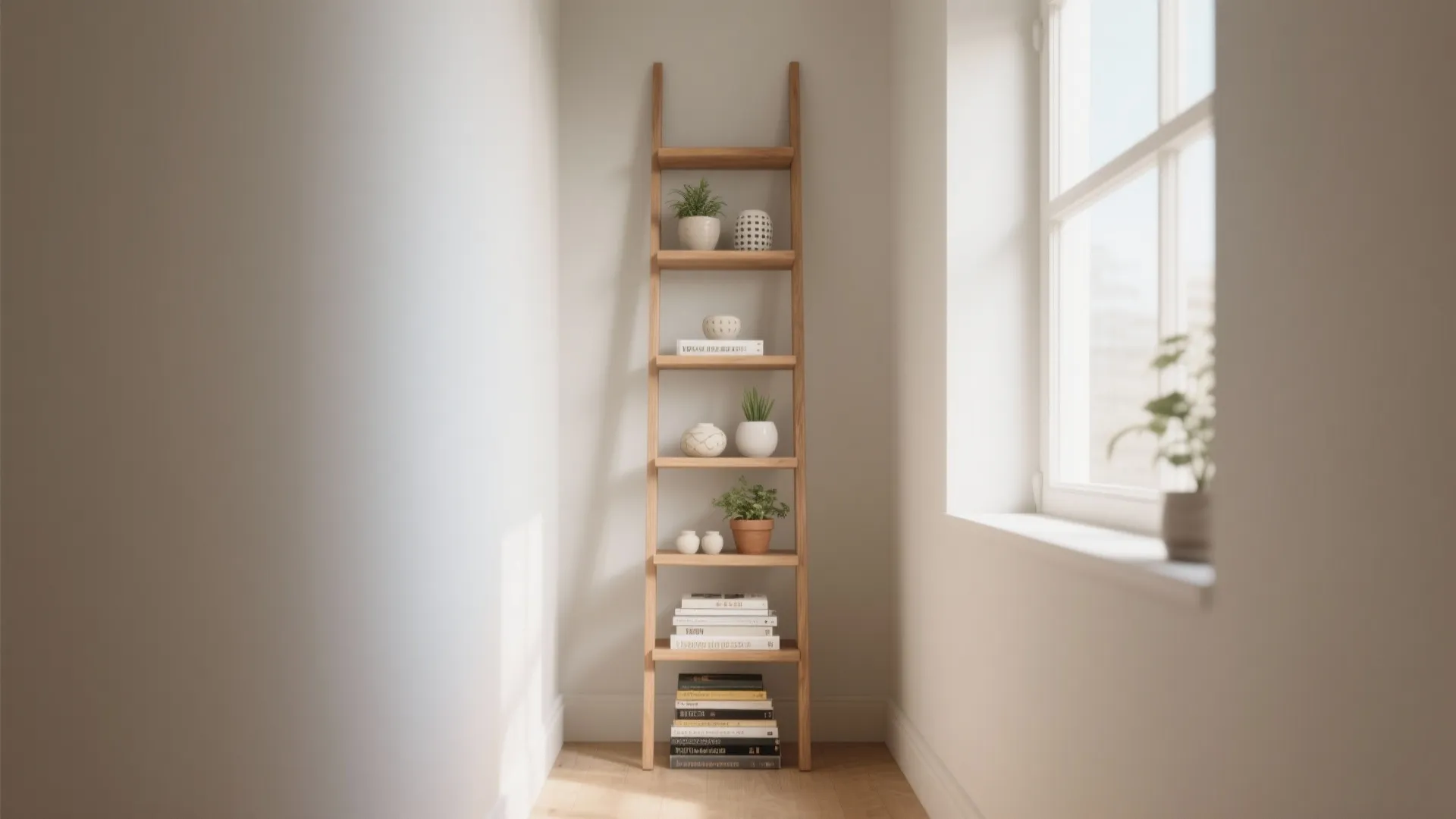 Wooden leaning ladder shelf with potted plants and books in a bright room by a window