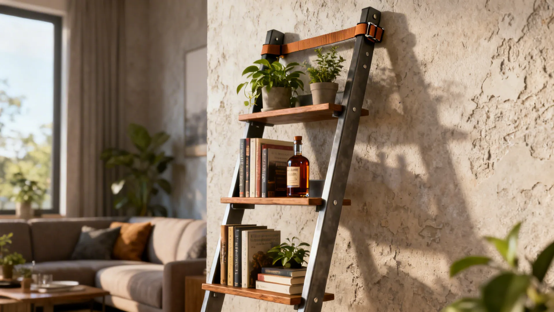 Leaning ladder shelf styled with books, plants and a small bar, secured to the wall with a strap.