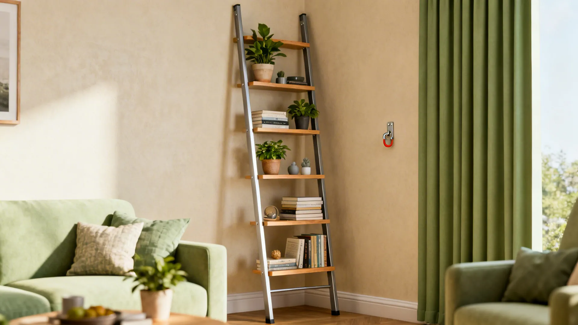 Metal ladder shelf with wooden steps holding books and plants next to a green sofa