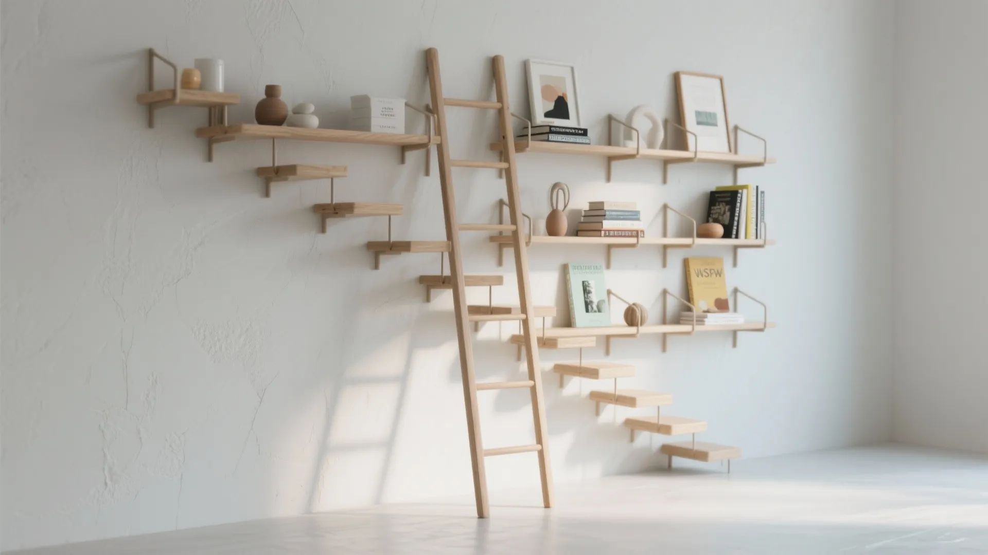 Minimalist white wall with wooden shelves holding books and art plus a leaning wooden ladder