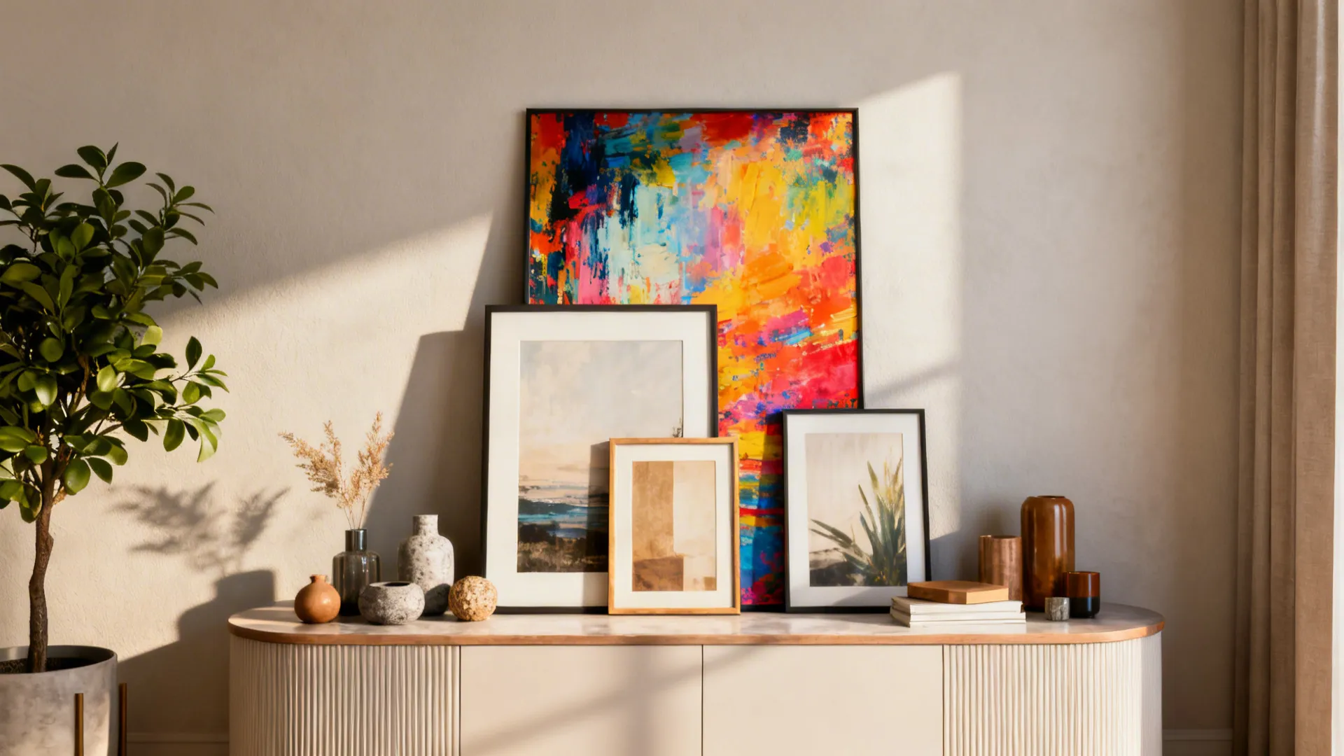 Leaning large colorful print with smaller layered frames on a console and decorative plants.