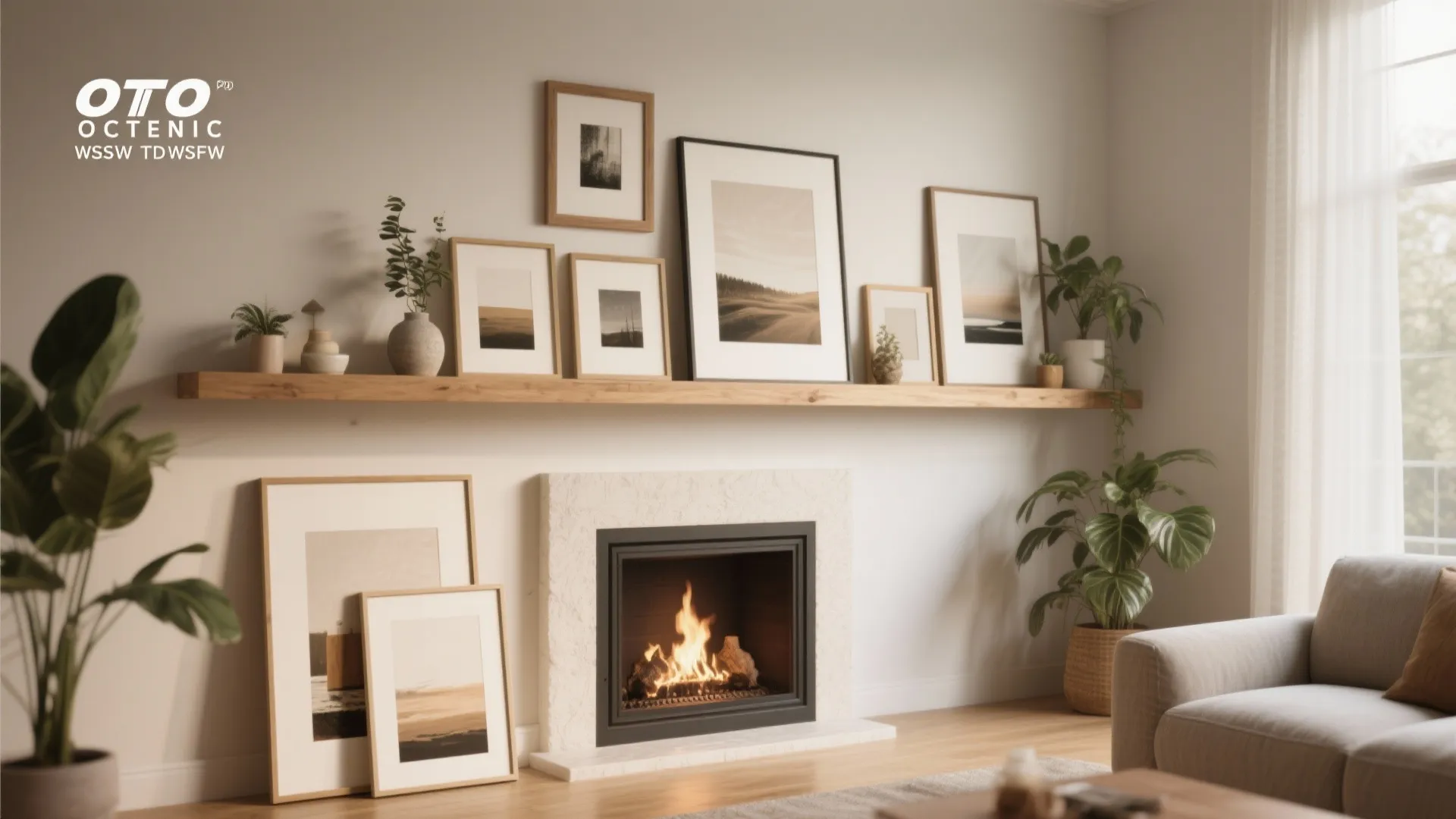 Living room fireplace with wood shelf holding framed pictures and green plants near a sofa