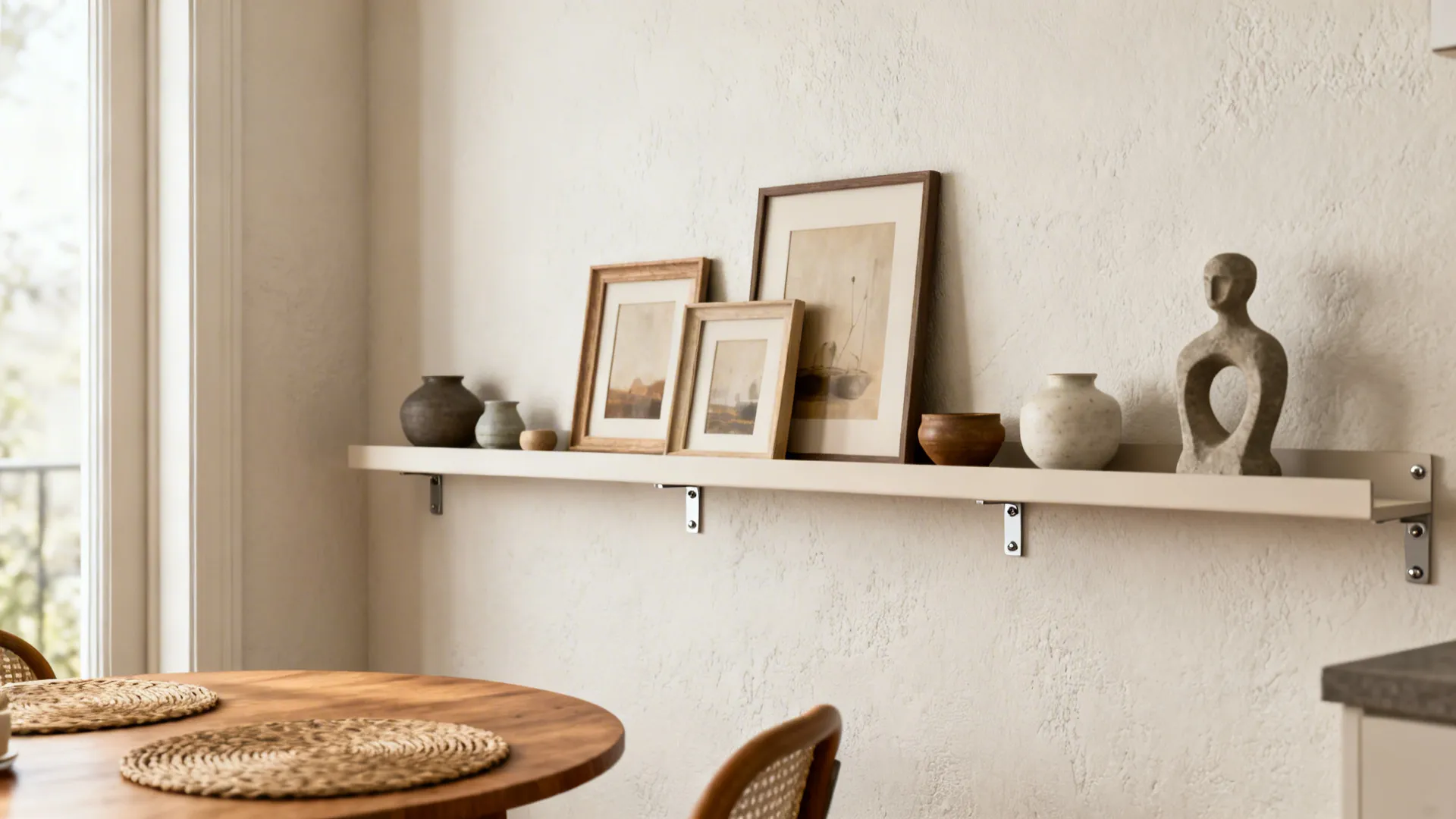 Dining nook with a slim picture ledge holding layered frames and small ceramics, flexible styling.