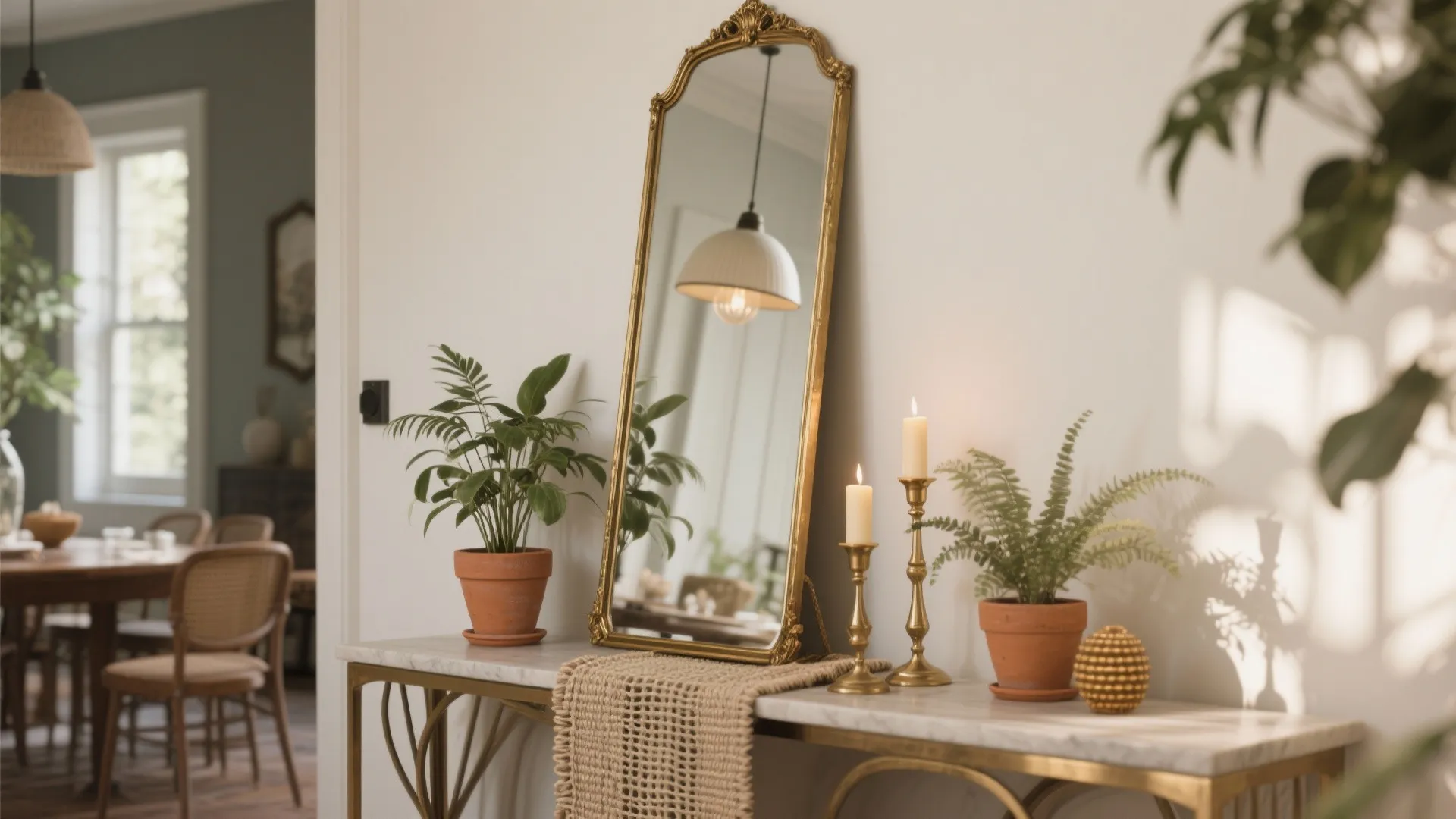 4. Leaning mirror with layered accessories