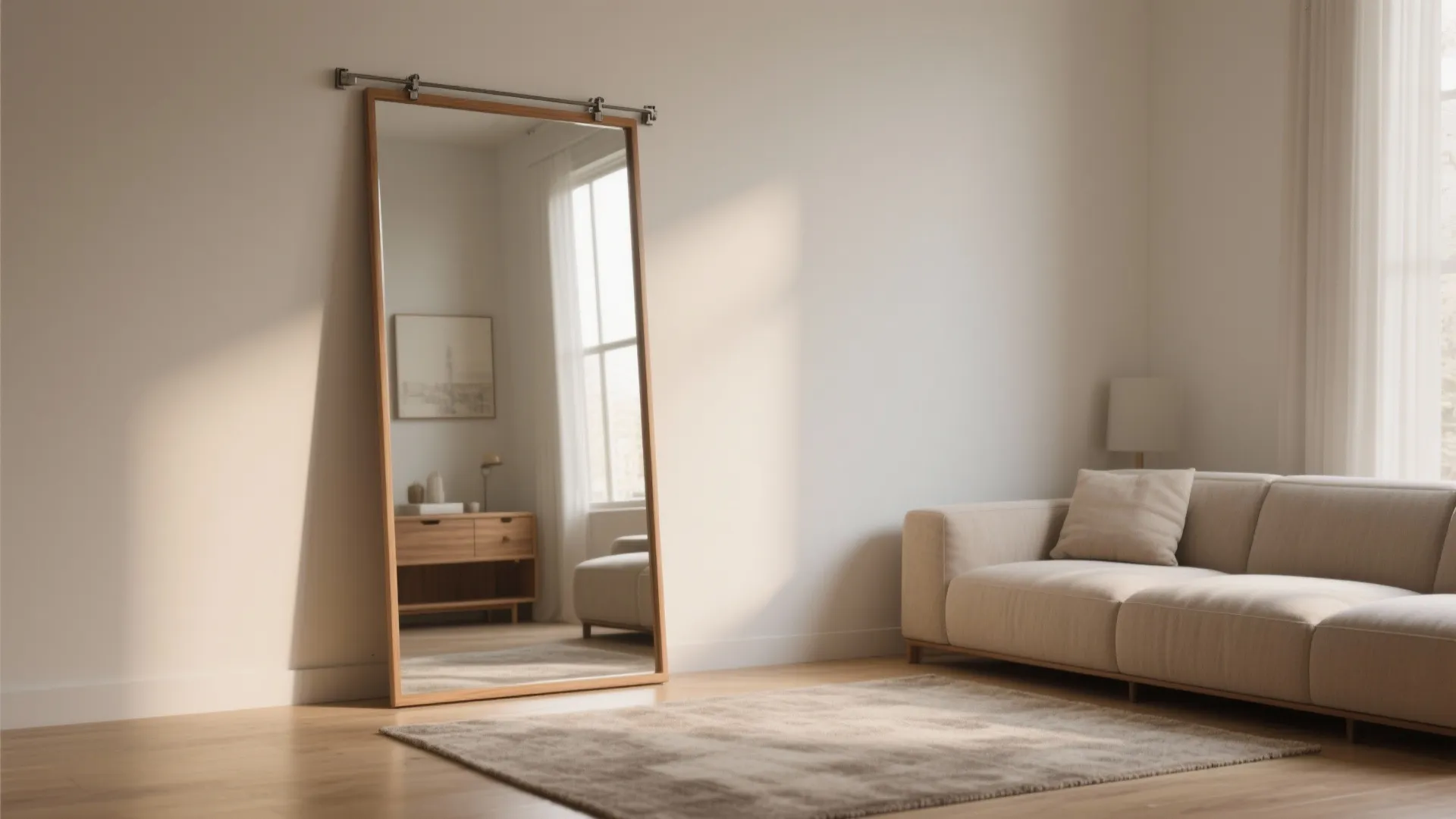 Large wooden frame mirror leaning against a white wall next to a modern beige sofa