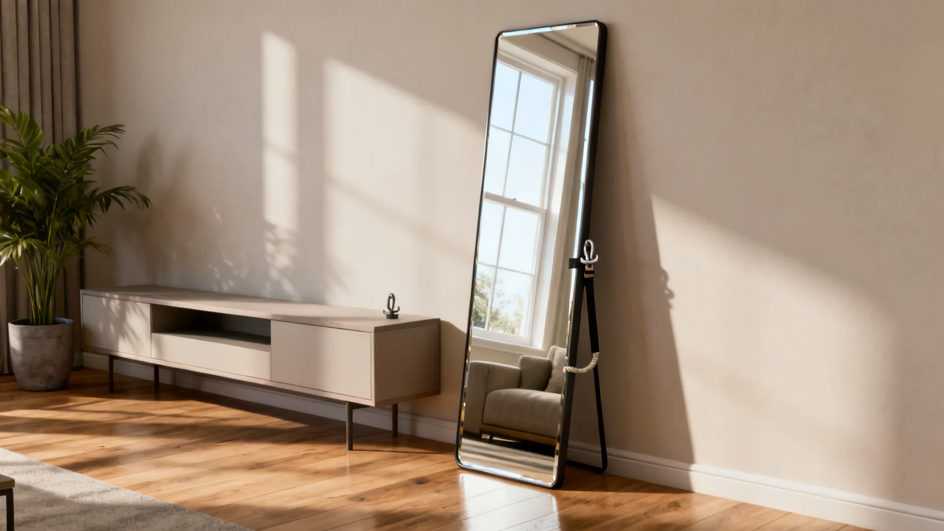 Floor-length leaning mirror beside a low console reflecting window light and adding height